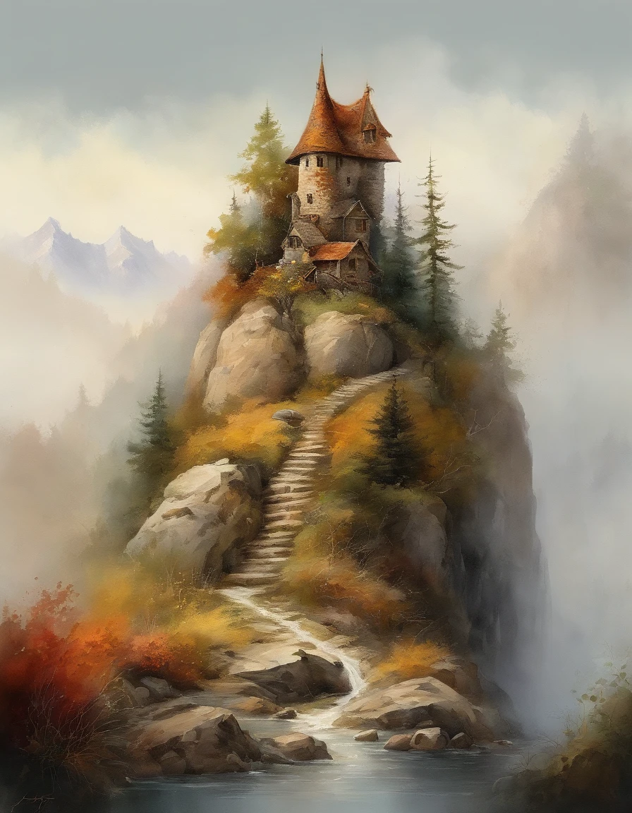 Weird craggy peaks,automnal,Il y a un ruisseau au pied de la montagne,Il y a des reflets dans le ruisseau,Village Cottage,And the cooking smoke rises,The pine tree has a peculiar shape,Se balancer avec le vent,Impressionnisme,Style de palette de couleurs,Vue iso-distance,watercolor paitage,surreal photo,Magical dream,Pixel-perfect,hyper HD,dans une vue panoramique,8k resolution,ultra grand angle,Vue lointaine,Peintures chinoises,Realstic,expressionnisme