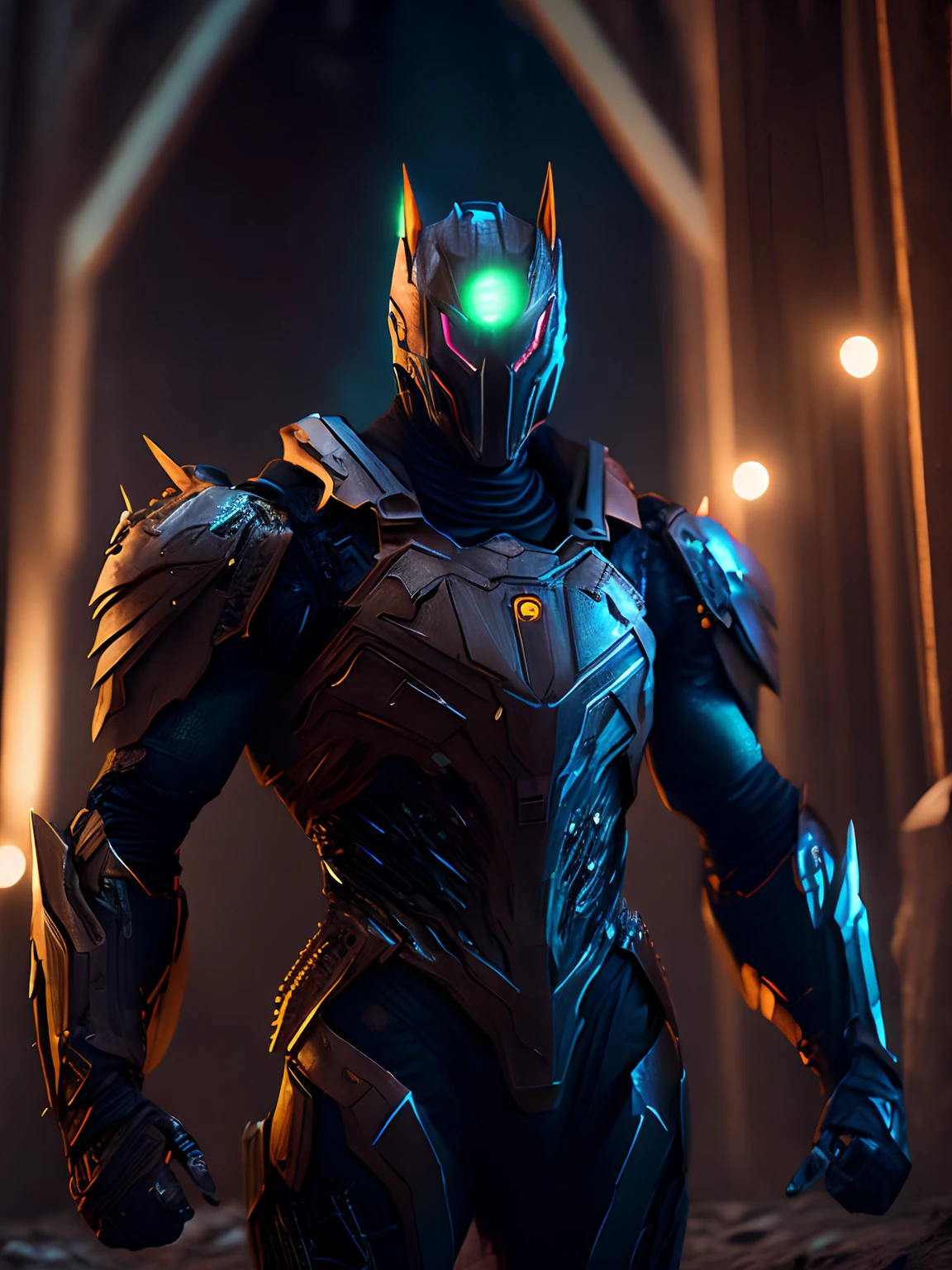 dark portrait of ugly dirtman suit from DC Comics immerging from the brown dirt powers with intricate angular cybernetic implants inside a brutalist building, gothic brutalist cathedral, cyberpunk, award-winning photo, bokeh, neon lights, cybernetic limb