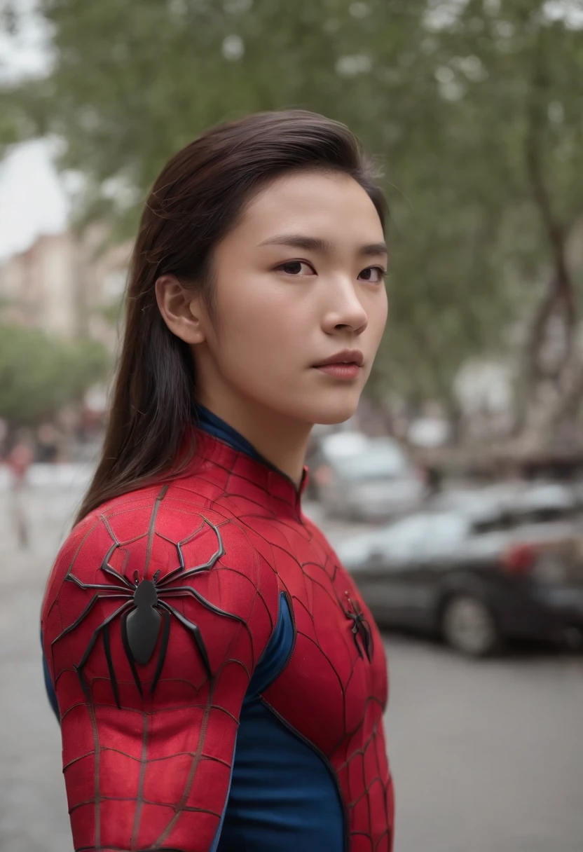 Homem-Aranha Feminino,The face of an 18-year-old Chinese man,The armor of the lower body is a skirt,Use salto alto e meias pretas de rede de peixe,Sente-se em uma cadeira com as pernas cruzadas,The background is the side of the street,nua