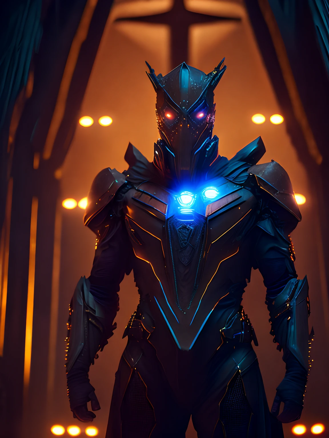 dark portrait of ugly dirtman suit from DC Comics immerging from the brown dirt powers with intricate angular cybernetic implants inside a brutalist building, gothic brutalist cathedral, cyberpunk, award-winning photo, bokeh, neon lights, cybernetic limb