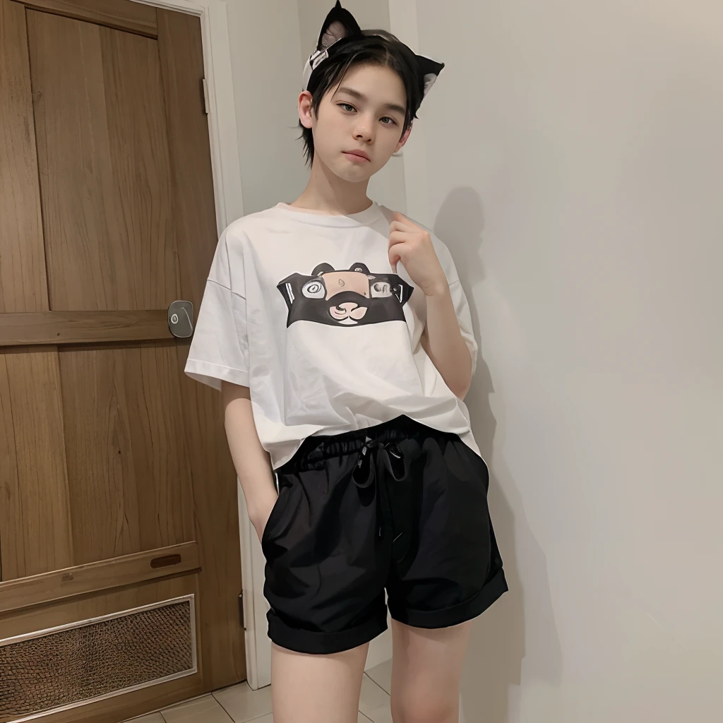 1boy, _boy, cute, baby_fachite_, absurdres, black_hair, distr, facial_mark, cat_ears, cute_korean, white_skin, pale_skin, pure_white_skin,cute_face, cute_boy, korean_boy white_pale_skin, minishort_pant, no_cloth, brown_eyes, small_lips, solo, standing, tail, full_body, perfect_face