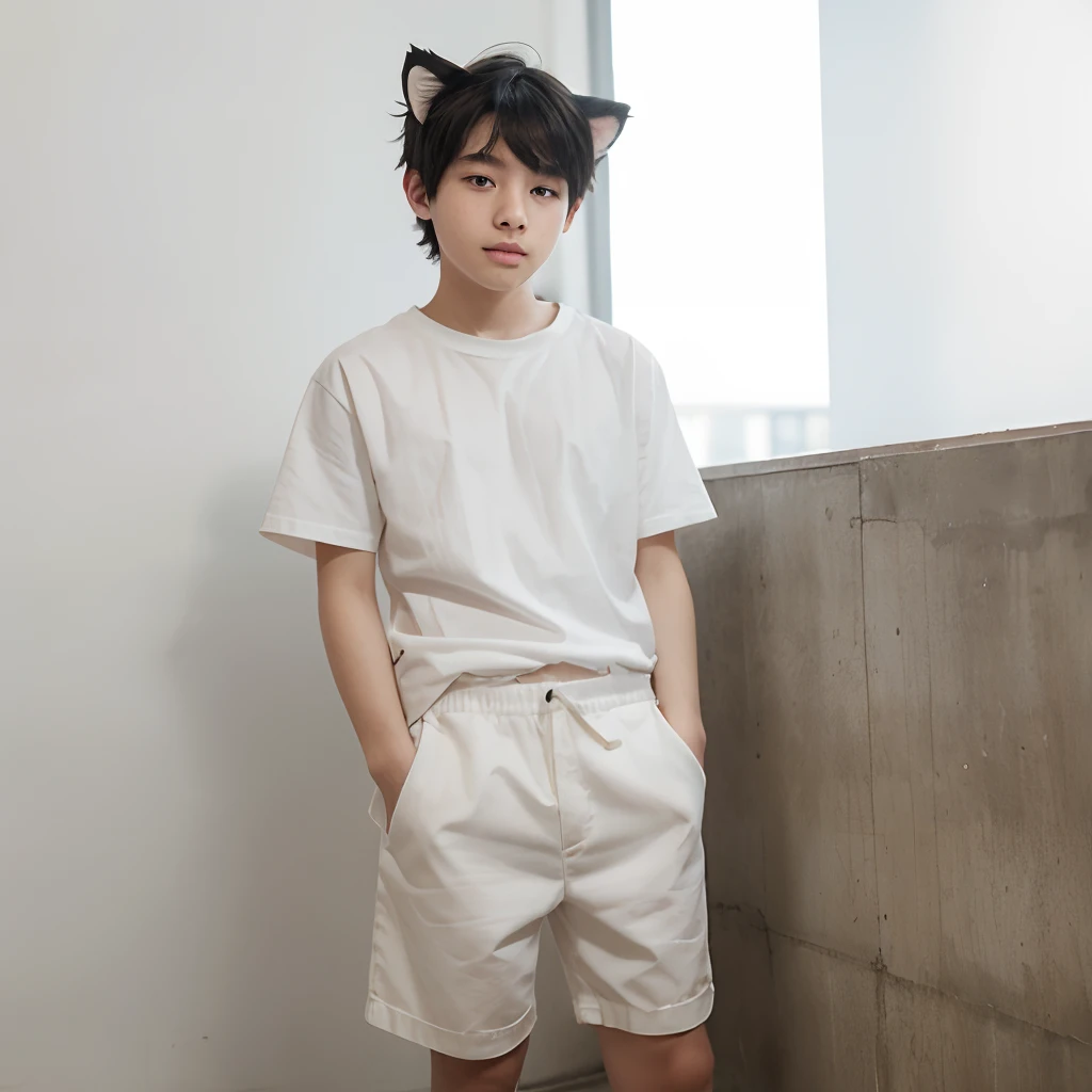 1boy, _boy, cute, baby_fachite_, absurdres, black_hair, distr, facial_mark, cat_ears, cute_korean, white_skin, pale_skin, pure_white_skin,cute_face, cute_boy, korean_boy white_pale_skin, minishort_pant, no_cloth, brown_eyes, small_lips, solo, standing, tail, full_body, perfect_face