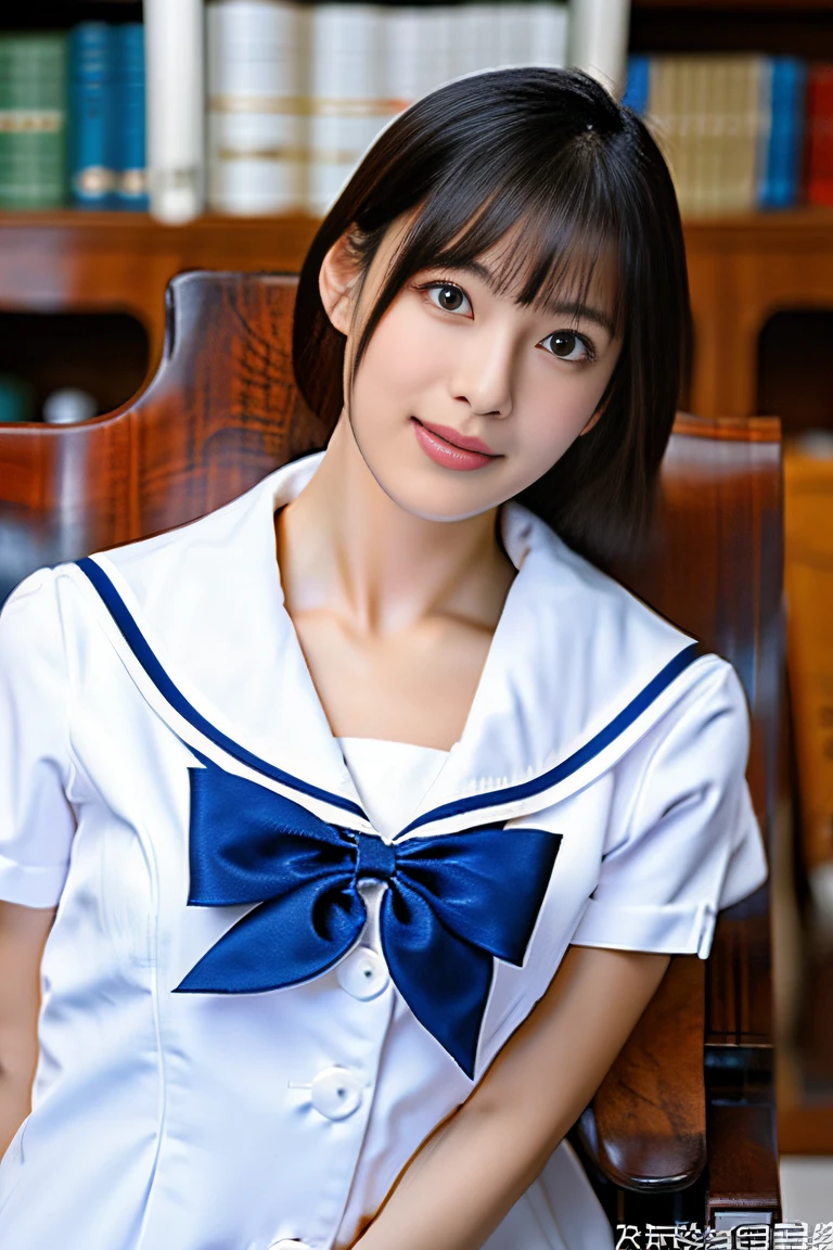 (((Draw only one woman: 2))), Beautiful 18-year-old Japanese woman, (High school girl in short-sleeved white sailor suit: 1.5), (White sailor suit from a strict Japanese girls' school: 1.5), (( High school girl sitting on a chair in the library reading: 1.2)), ((1 screen)), 8K, RAW shot, Highest quality photo, Masterpiece, Nice realistic photo, ((Anatomical Correct proportions: 1.5)), ((perfect proportions)), cute women like Japanese idols, detailed face, detailed eyes, narrow nose, detailed hands and fingers, detailed arms , Detailed skin, detailed legs, short torso, slender body, (Shiny long hair: 1.5), (Large breasts: 1.5), Big breasts that would burst a sailor suit, Fitted sailor suit, (Reading: 1.5)