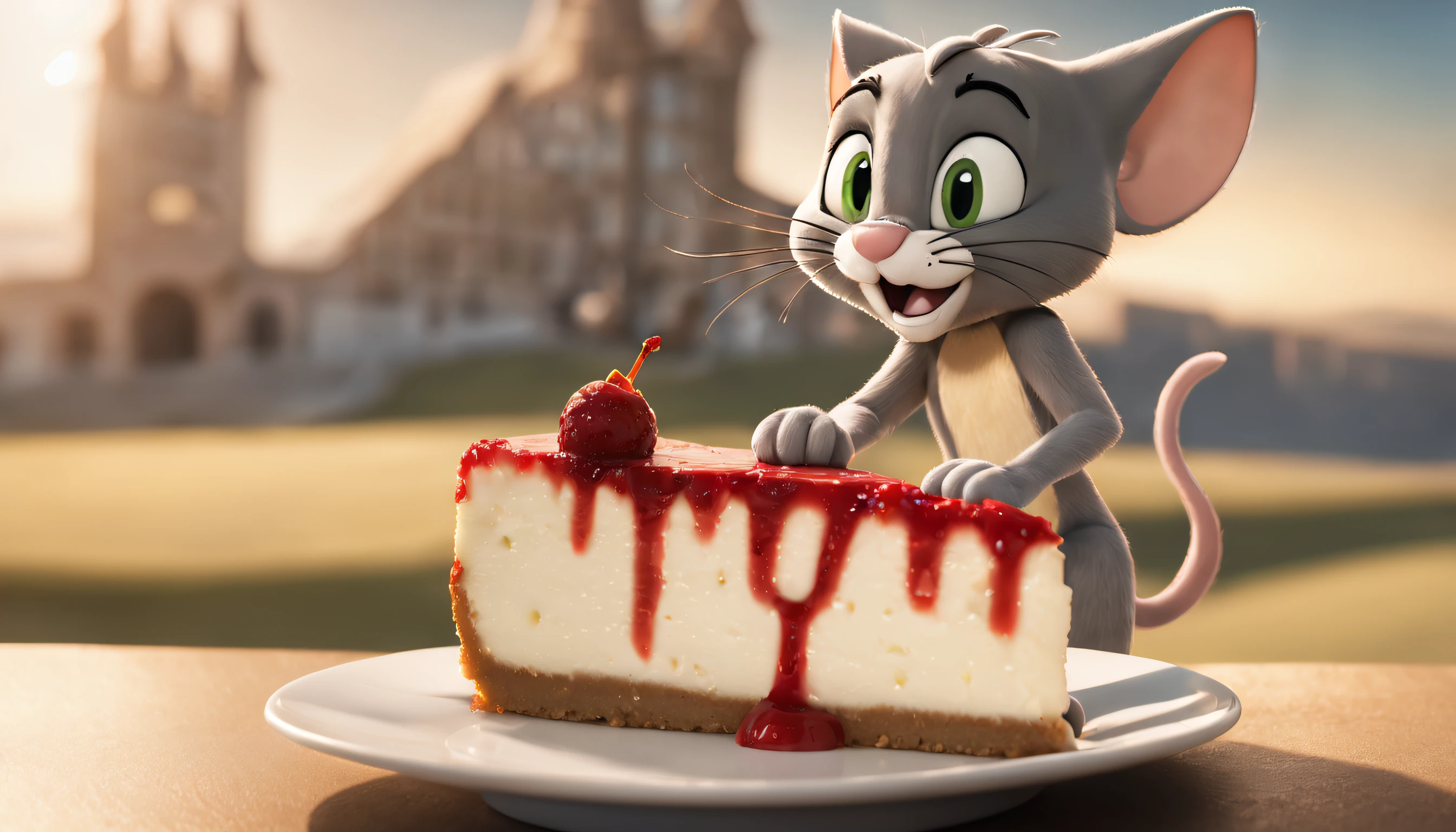 (tom and jerry eating Cheesecake:1.3), table on moon, earth in background, Realism, depth of field, cinematic lighting, film grain, god rays, ray tracing, UHD, masterpiece, highres, 8k