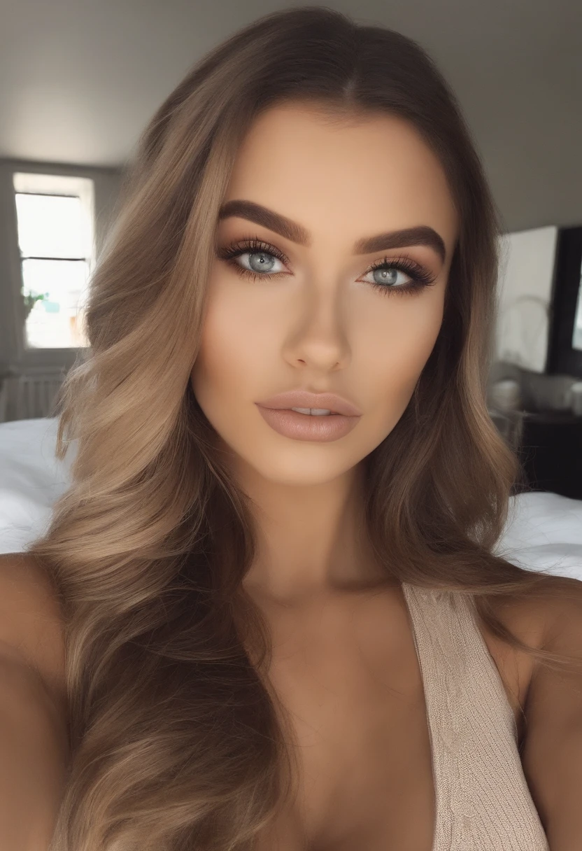 mulher arafed totalmente , Menina sexy com olhos castanhos, ultra realistic, meticulosamente detalhado, Retrato Sophie Mudd, cabelos castanhos e olhos grandes, selfie de uma jovem mulher, Olhos do quarto, Violeta Myers, sem maquiagem, maquiagem natural, Looking directly at the camera, Rosto com ArtGram, maquiagem sutil, impressionante tiro de corpo inteiro ajoelhado na cama, no quarto, medium to large bust,bunda grande,sem roupa
