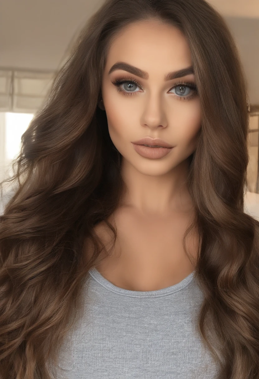 mulher arafed totalmente , Menina sexy com olhos castanhos, ultra realistic, meticulosamente detalhado, Retrato Sophie Mudd, cabelos castanhos e olhos grandes, selfie de uma jovem mulher, Olhos do quarto, Violeta Myers, sem maquiagem, maquiagem natural, Looking directly at the camera, Rosto com ArtGram, maquiagem sutil, impressionante tiro de corpo inteiro ajoelhado na cama, no quarto, medium to large bust,bunda grande,sem roupa