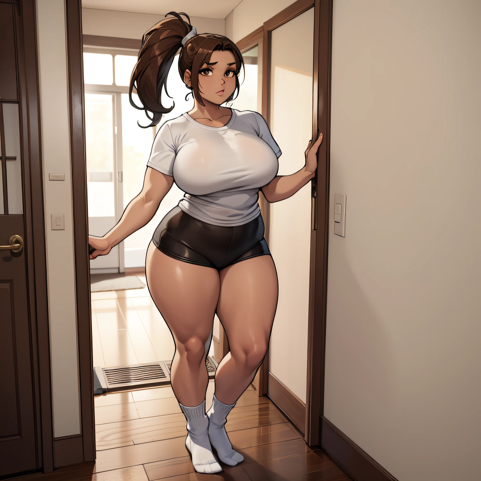 One female brown ponytail, brown eyes, large chest, long white T-shirt, bare legs, socks, Curvy. Standing in front doorway of house. (Solo), (alone)