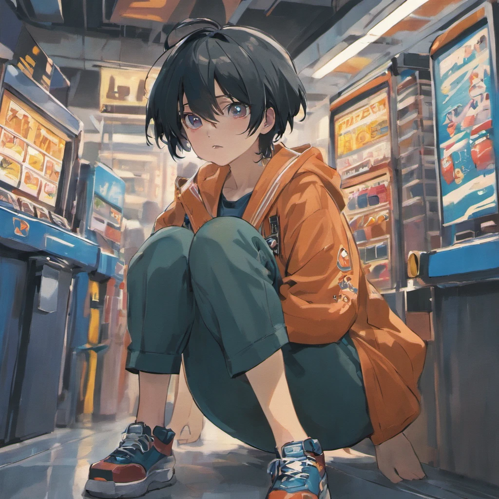 The black-haired protagonist boy is、Bite at a gas station in blue uniform。Changing tires in the pits。