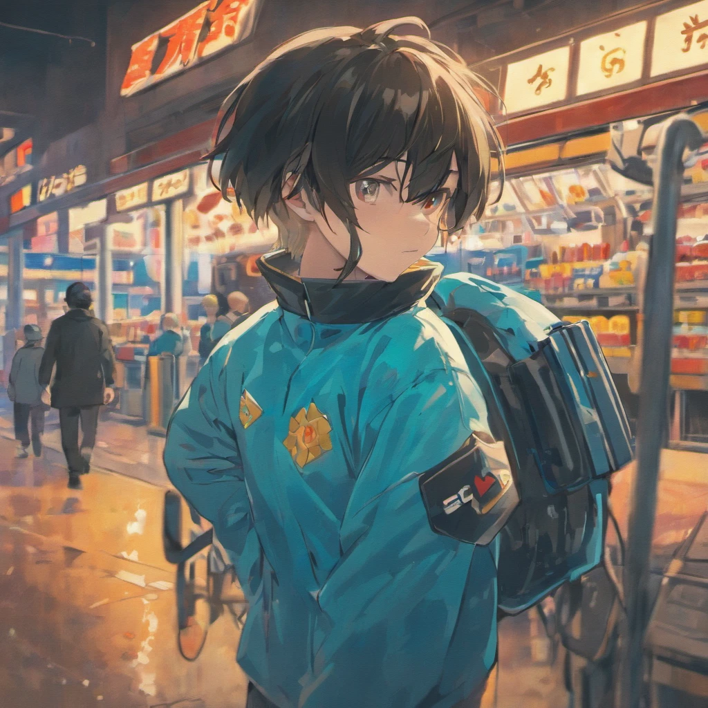 The black-haired protagonist boy is、Bite at a gas station in blue uniform。Changing tires in the pits。