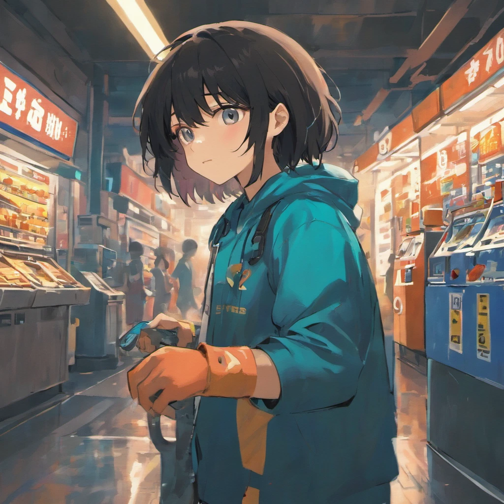 The black-haired protagonist boy is、Bite at a gas station in blue uniform。Changing tires in the pits。