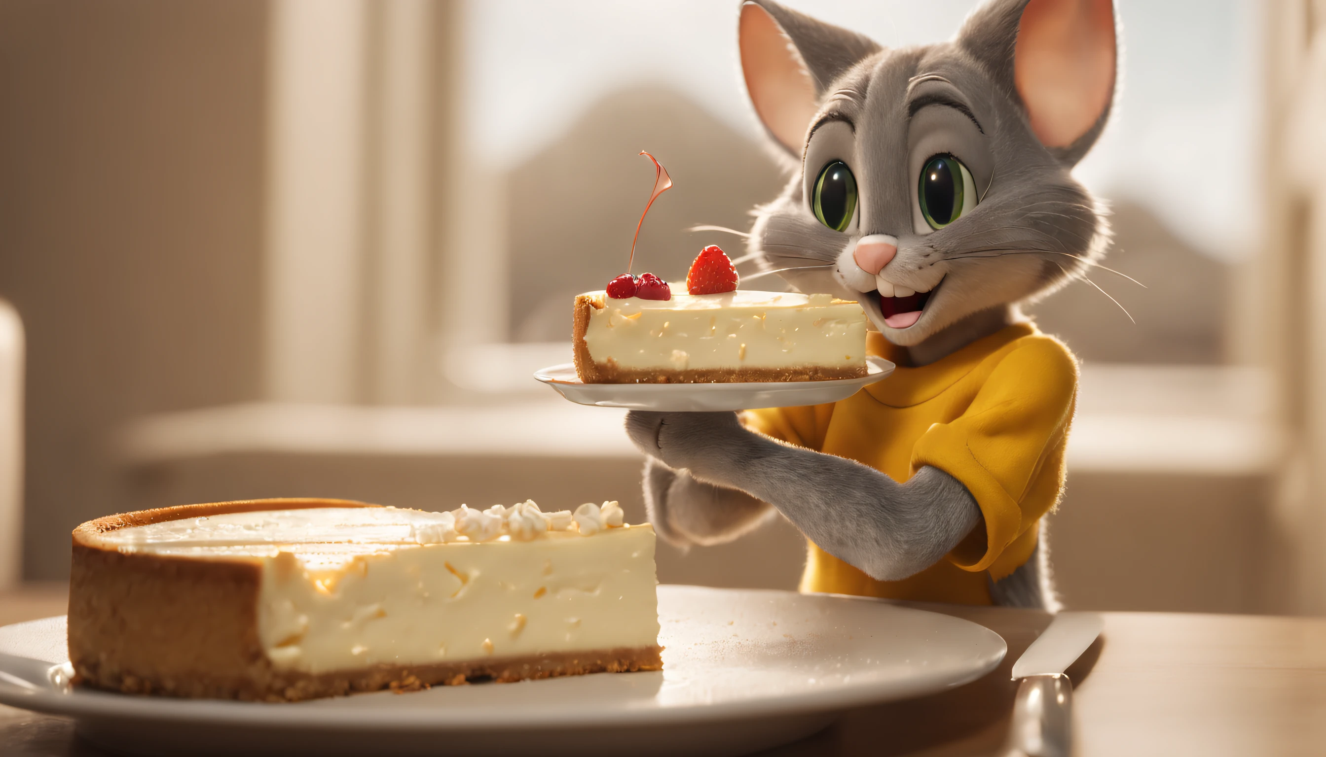 (tom and jerry eating Cheesecake:1.3), (outer space:1.2), Realism, depth of field, cinematic lighting, film grain, god rays, ray tracing, UHD, masterpiece, highres, 8k