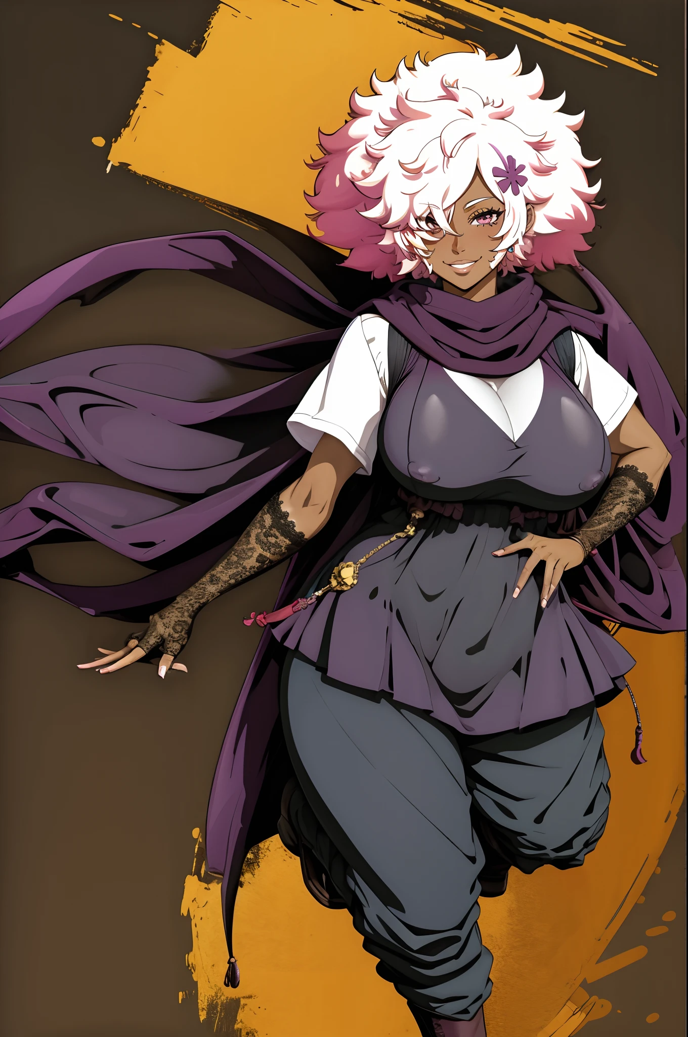 masterpiece, highres, best quality, 1girl, solo, shinobu jacobs, white hair, (big hair, messy hair, afro:1.2), hair over one eye, thick eyelashes, dark skin, looking at viewer, large breasts, black dress, NMH2, lace, fingerless gloves, scarf,bimbo, huge breast, curvy, full body, pants, cloak,, boots, pullover, robe, smile,vest, robe,pants, standing,pullover, ninja costume