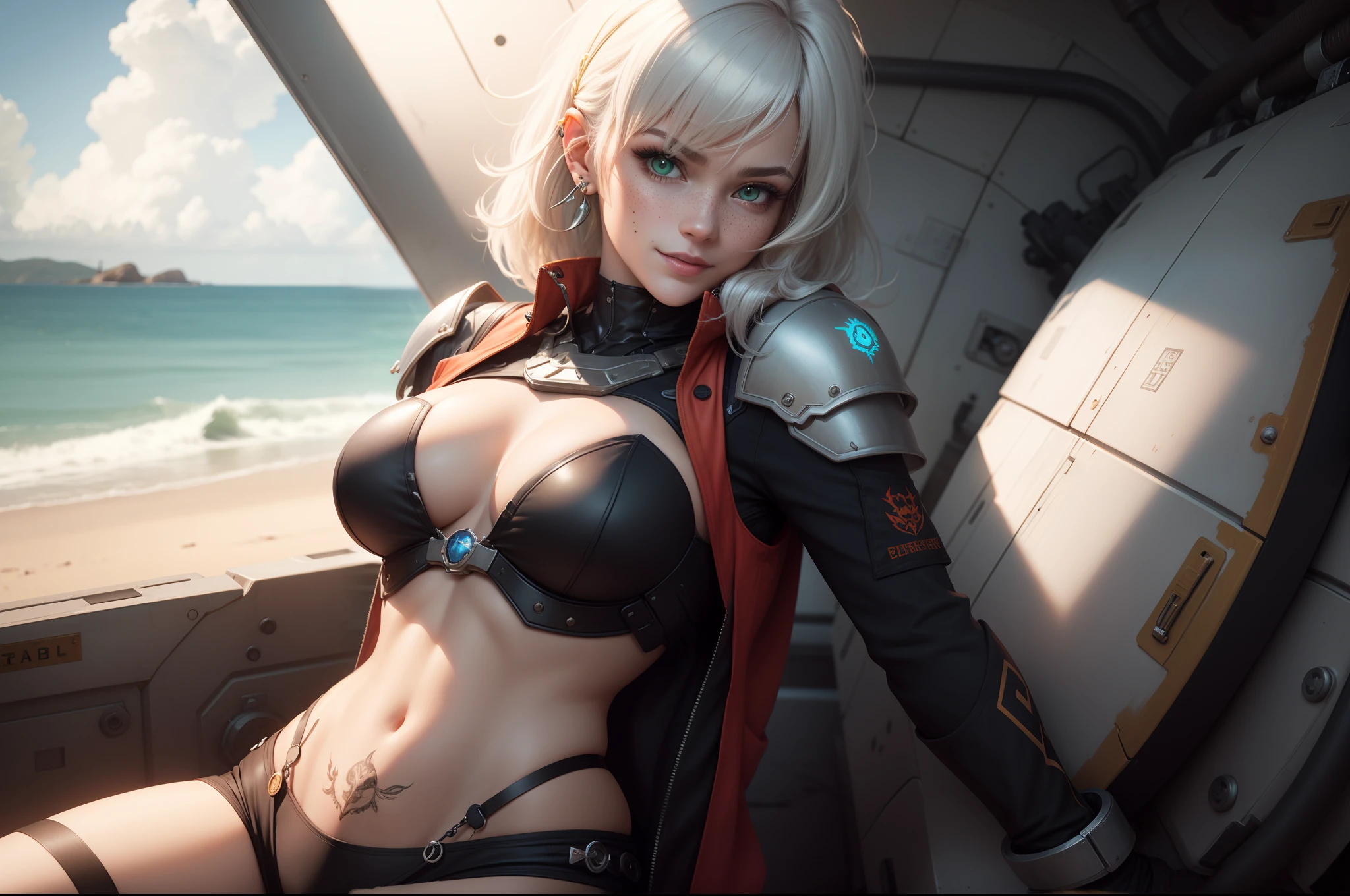 gwen tennyson,y'shtola rhul,tracer,yorha 2b,1girl,atelier ryza,overwatch,close up, mecha pilot,ocean view,tattoos,orange and silver plugsuit,white short sleeve lycra top,steel cargo pants,uncovered belly,short saiyan hair,cute makeup,green eyes,dimensional golden hair,shy smile,freckles,beautiful girl,large breasts,8k,ultra detailed,realistic,fantasy art,saiyan armor,cyborg armor,steel armor,harbor shore,military uniform,ear piercings,hair pin,super saiyan girl,saiyan female,