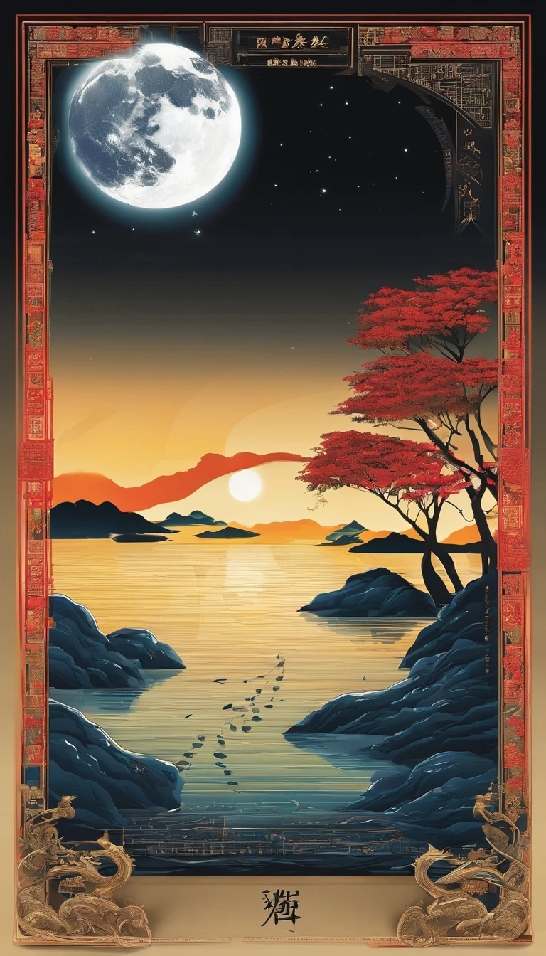 Mid-autumn night view,Not a single person,Beautiful views,The moon is reflected on the waves,Heaven and earth are pure,Autumn colors are clear,Everything was beautiful,The starry sky hides its brilliance,Give way to moonshine,Golden wind and water dew reflect dazzling light,It's that the human world has changed a lot,The moon is still permanent