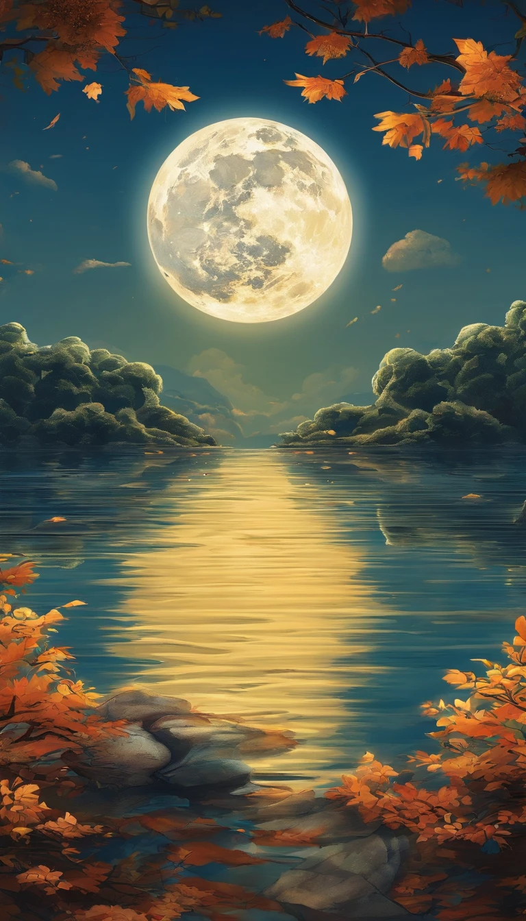 Mid-autumn night view,Not a single person,Beautiful views,The moon is reflected on the waves,Heaven and earth are pure,Autumn colors are clear,Everything was beautiful,The starry sky hides its brilliance,Give way to moonshine,Golden wind and water dew reflect dazzling light,It's that the human world has changed a lot,The moon is still permanent