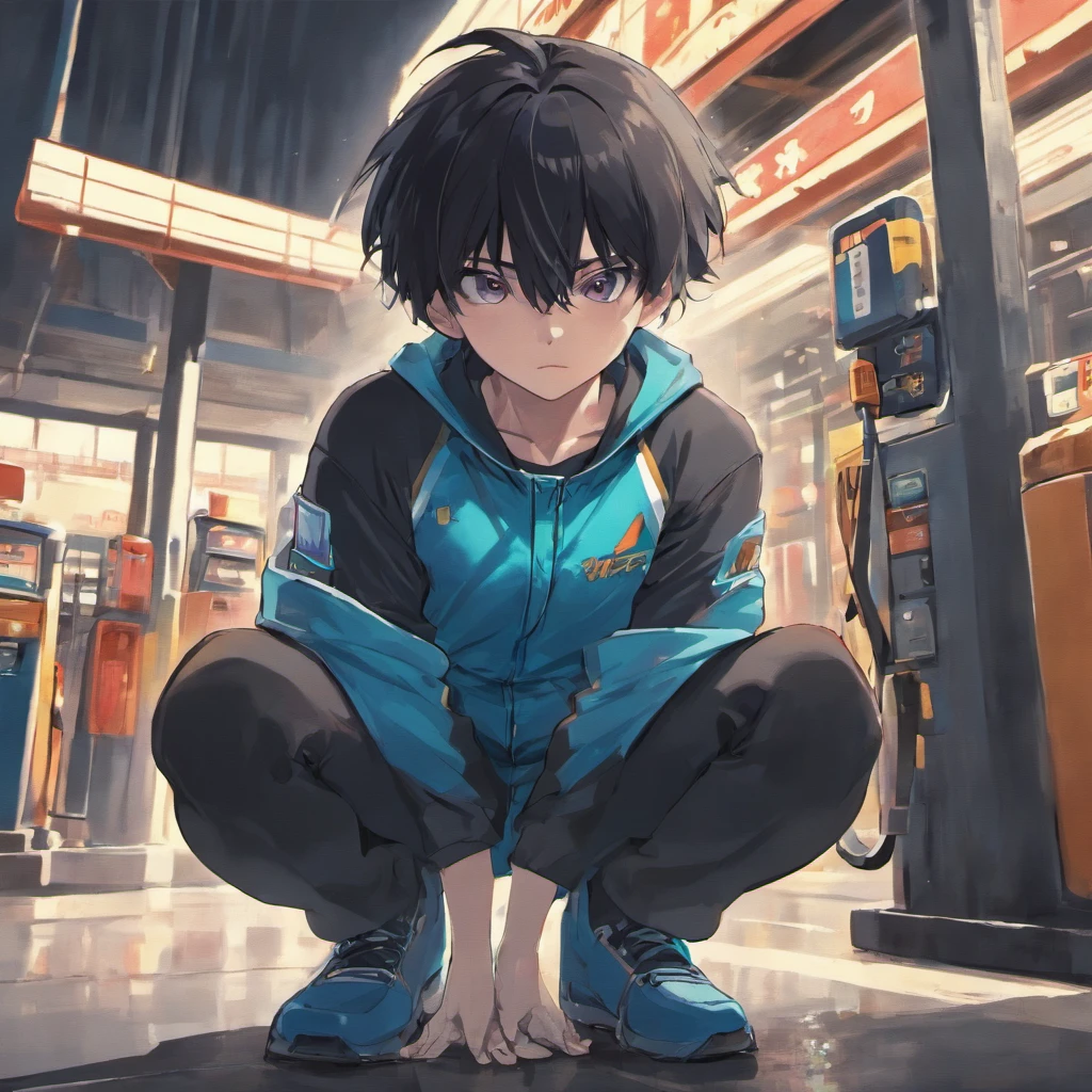 Black-haired protagonist boy、Bite at a gas station in blue uniform、Squatting in the pit during tire change。Horizontal Angle