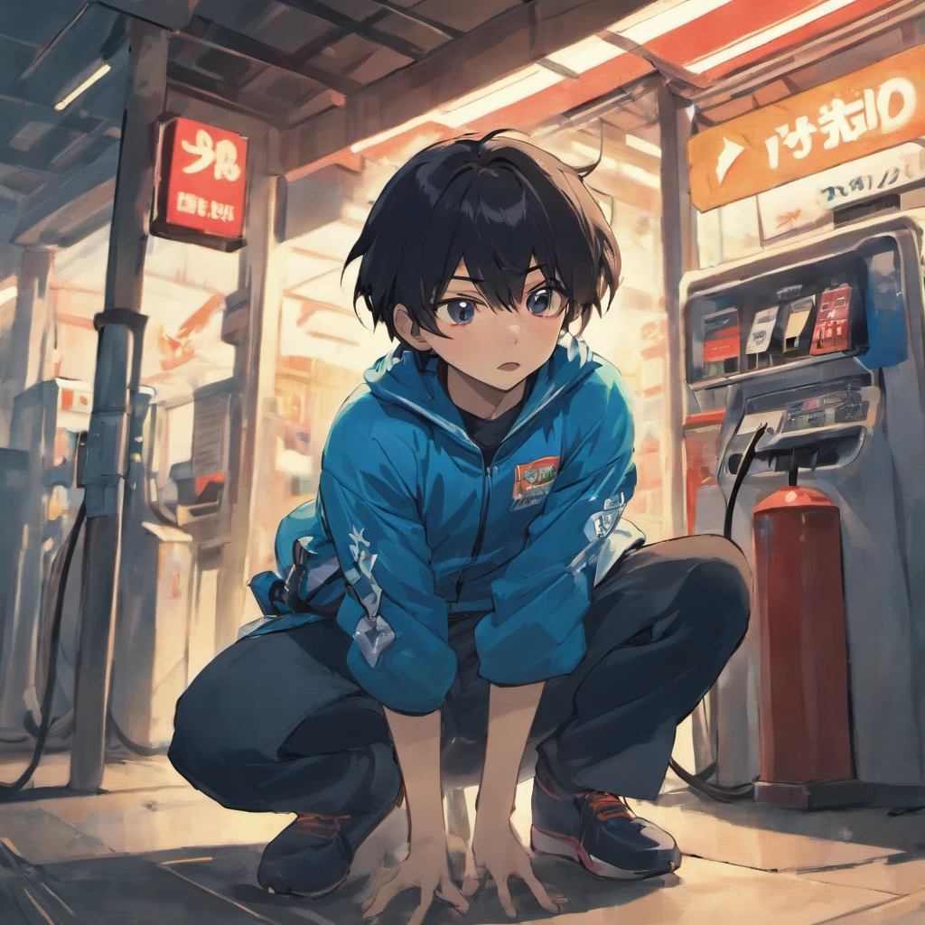Black-haired protagonist boy、Bite at a gas station in blue uniform、Squatting in the pit during tire change。Horizontal Angle