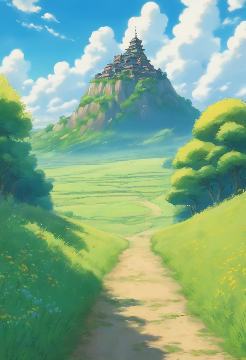 realista, real, beautiful and stunning scenery oil painting Studio Ghibli Hayao Miyazaki Petals Grasslands Blue Sky Grassland Country Road,edificio,