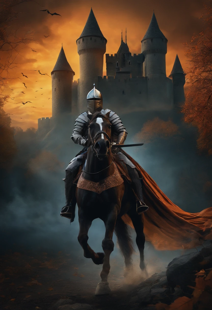 Masterpiece of artwork, t-shirt design, theme Halloween, a knight riding horse in front of a castle, scary, ultra-HD, 4k, vector image, centralized image.