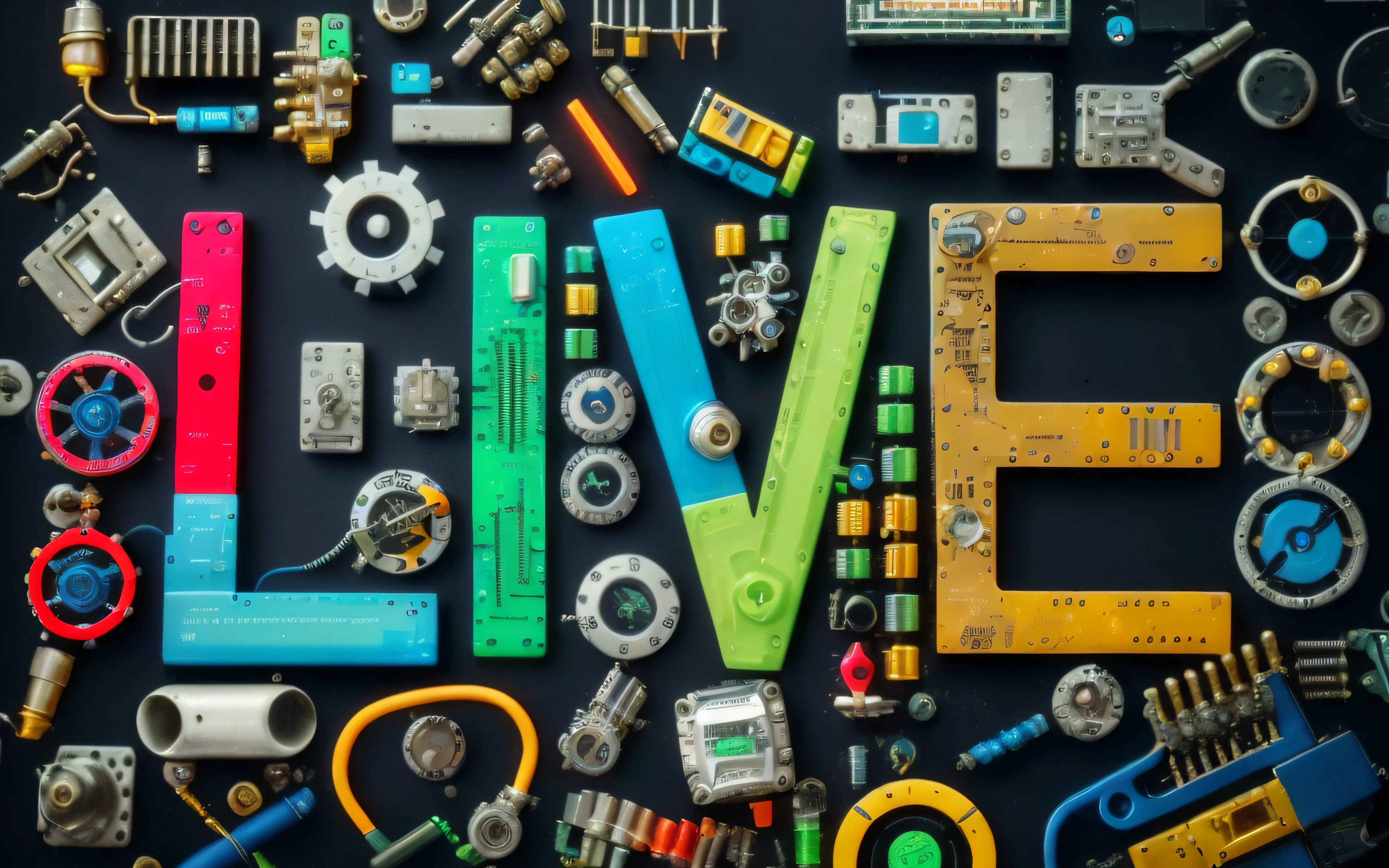 A closeup of a lot of different types of electronic components, Symbols of living, inspirado em Louise Nevelson, inspirado em Rube Goldberg, electronic components, detailed mechanical parts, mechanical features and neon, made from mechanical parts, mechanical - parts, Mooring, aftermarket parts, mechanical form of life, mechanical parts, Directed by: Rube Goldberg