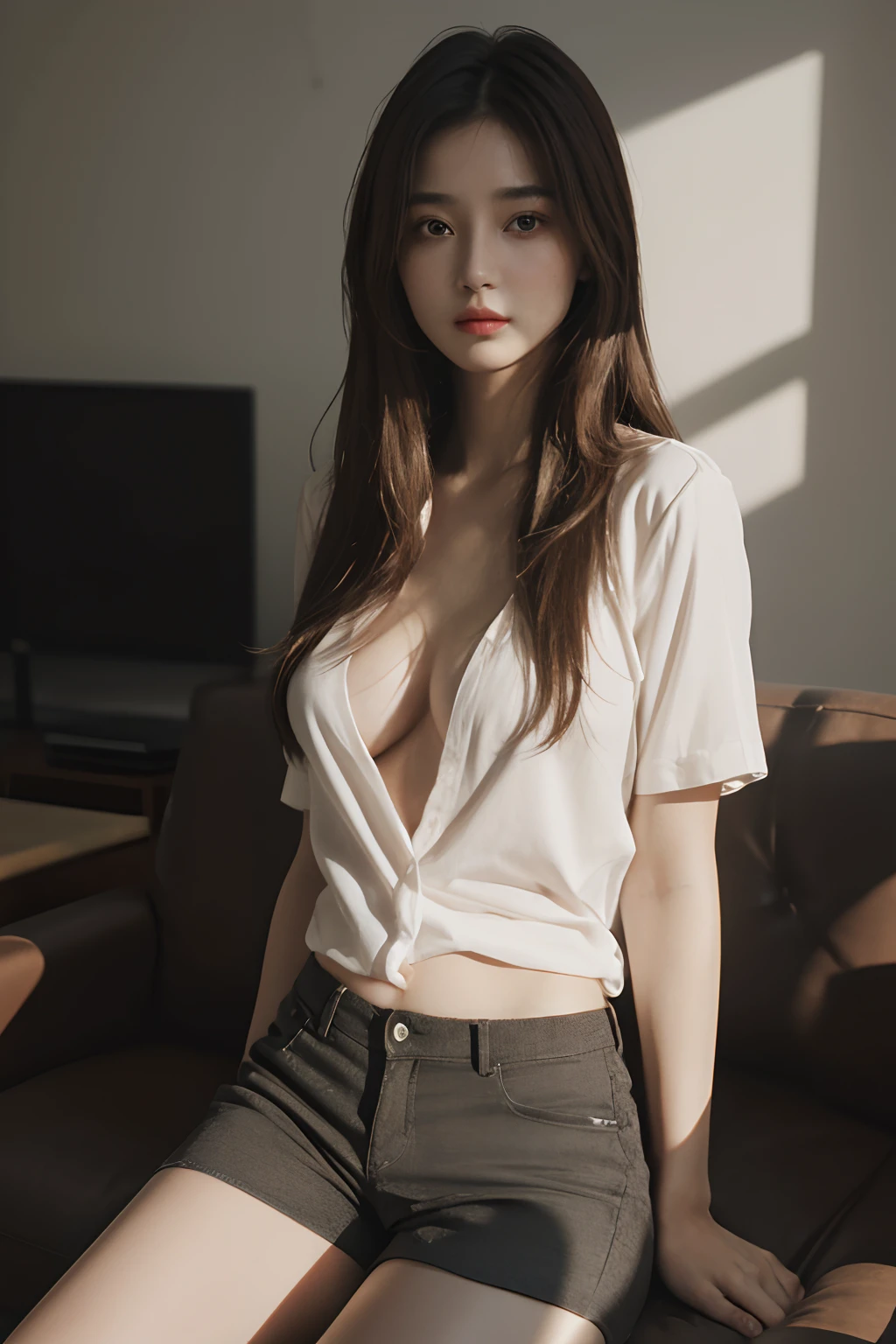 (bestquality, high-res, Ultra-high detail, (Realistic:1.5), 1girls,Thin shirt,open chest,Beautiful breasts,short pants,living room, Deep Shadows, Don't get distracted..., cold light, Charming features, very long hair, (hair_Brown))