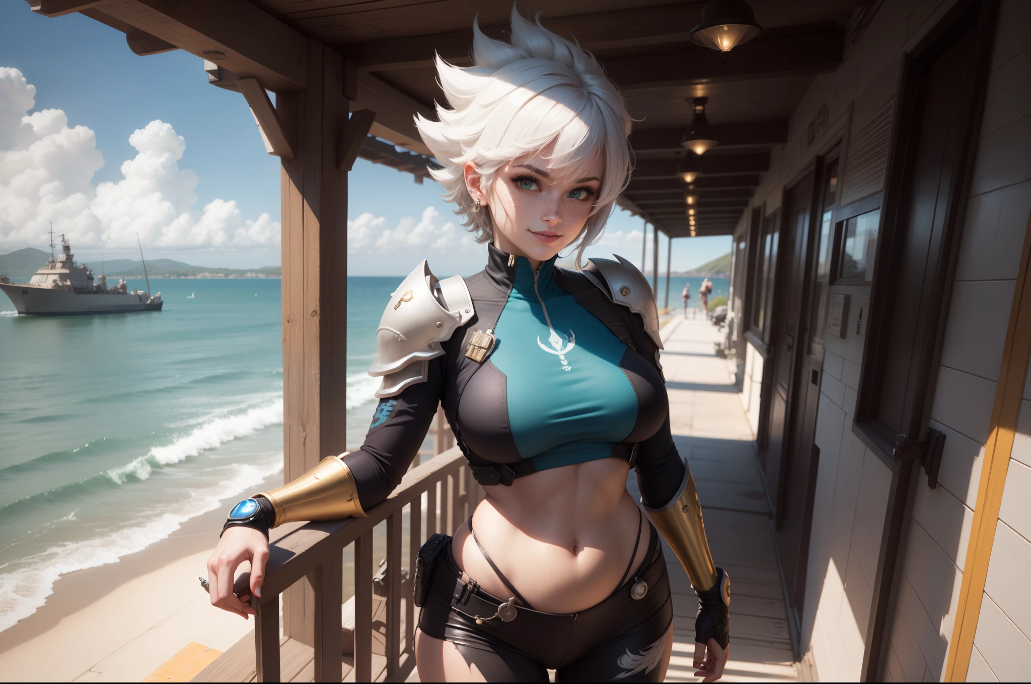 gwen tennyson,y'shtola rhul,yorha 2b, 1girl,atelier ryza,overwatch,close up, mecha pilot,ocean view,tattoos,pink and silver plugsuit,white short sleeve lycra top,steel cargo pants,uncovered belly,short saiyan hair,cute makeup,green eyes,dimensional golden hair,shy smile,freckles,beautiful girl,large breasts,8k,ultra detailed,realistic,fantasy art,saiyan armor,cyborg armor,steel armor,harbor shore,military uniform,ear piercings,hair pin,super saiyan girl,saiyan female,