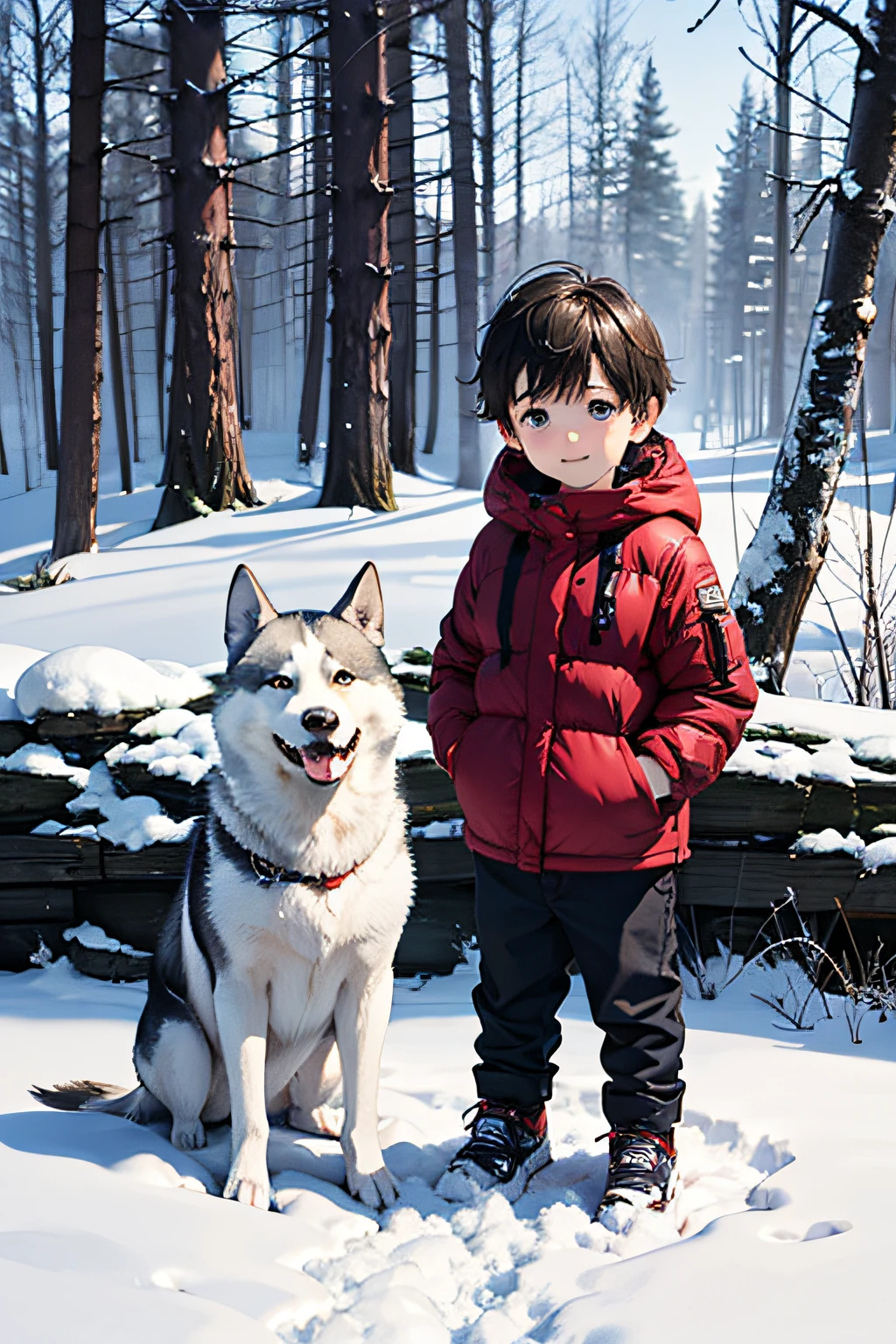 On a snowy day,A cute little boy in the forest, He has a husky, There is sunshine
