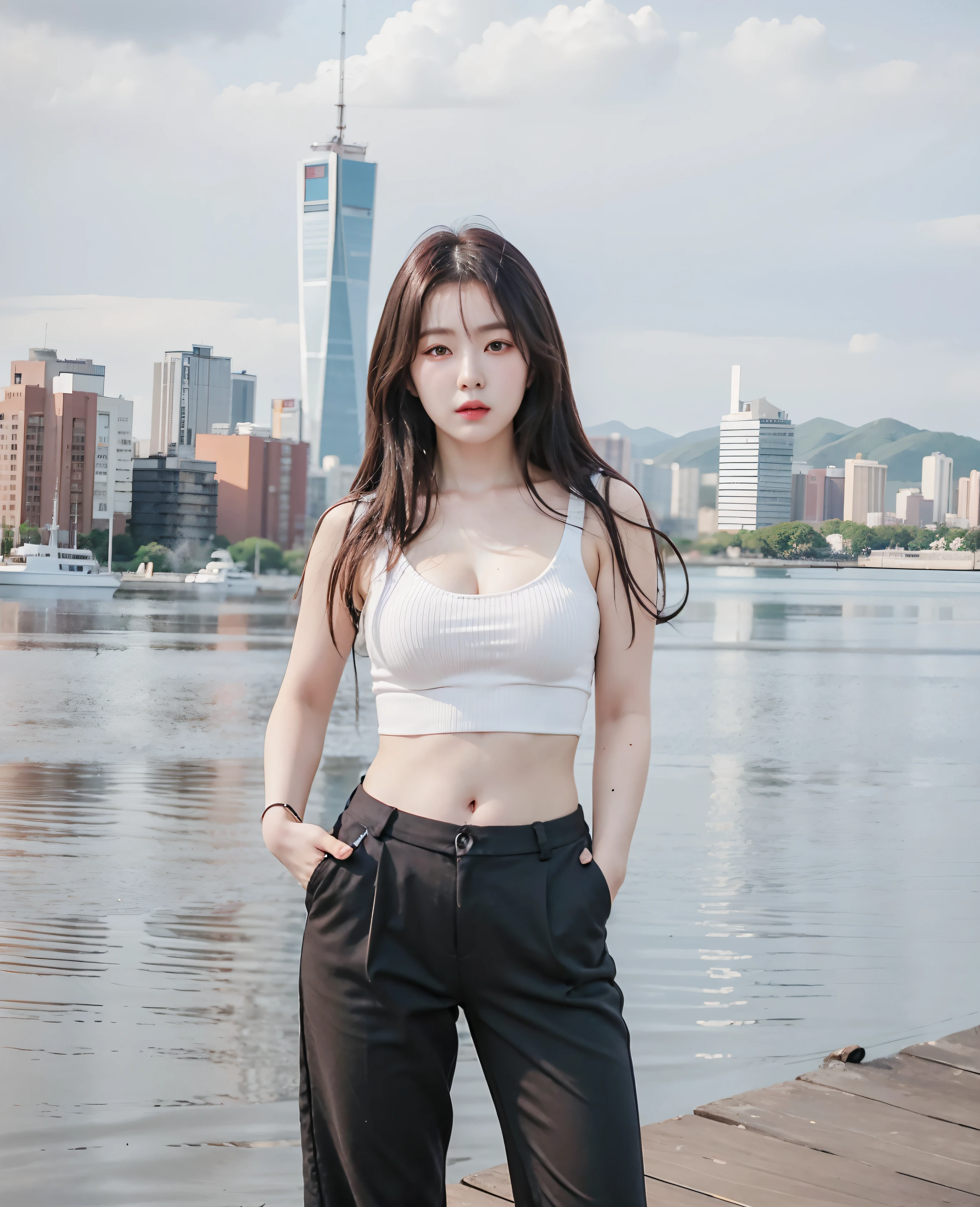 araffe woman standing on a dock with a city in the background, wearing a sexy cropped top, wearing crop top, wearing a cropped tops, wearing a cropped top, her belly button is exposed, 24 year old female model, with ripped crop t - shirt, skinny waist and thick hips, korean girl,((large breasts))