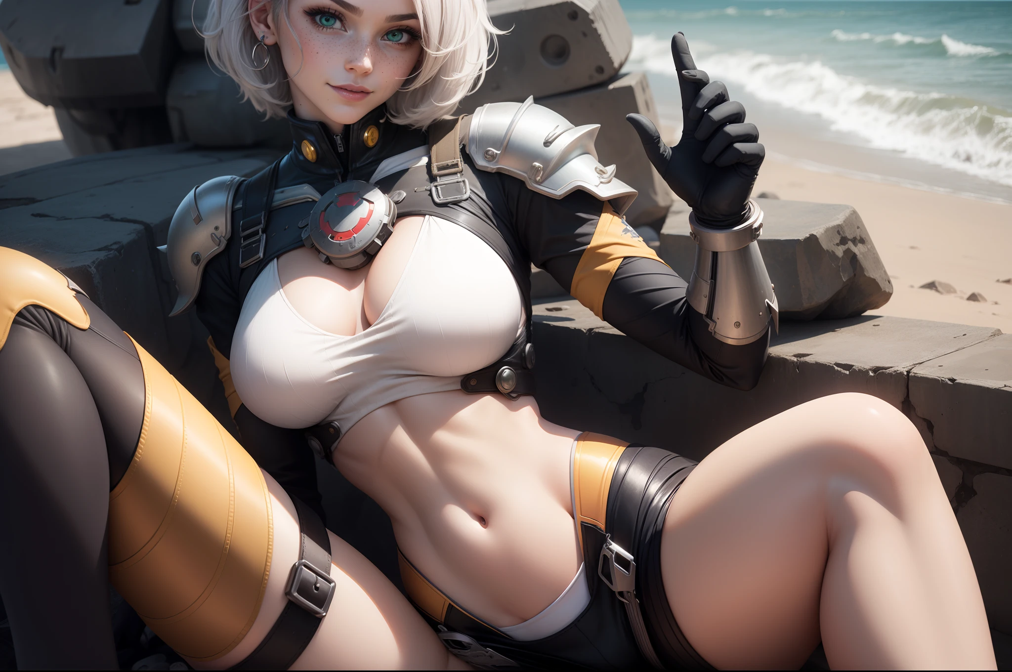 gwen tennyson,y'shtola rhul,tracer,yorha 2b,1girl,atelier ryza,overwatch,close up, mecha pilot,ocean view,tattoos,orange and silver plugsuit,white short sleeve lycra top,steel cargo pants,uncovered belly,short saiyan hair,cute makeup,green eyes,dimensional golden hair,shy smile,freckles,beautiful girl,large breasts,8k,ultra detailed,realistic,fantasy art,saiyan armor,cyborg armor,steel armor,harbor shore,military uniform,ear piercings,hair pin,super saiyan girl,saiyan female,