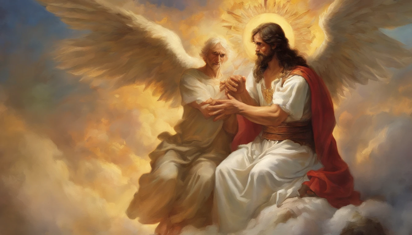 Painting of a man sitting next to a demon with his hands out, jesus christ fighting lucifer, angel watching demon, anjo protegendo o homem, angels vs demons, angels and demons, anjo versus diabo, biblical accurate angel, para compreender o inferno ou ir angelical, O Anjo da Morte, diabo versus anjo, angels protecting a praying man, Amazing, Anjo no inferno