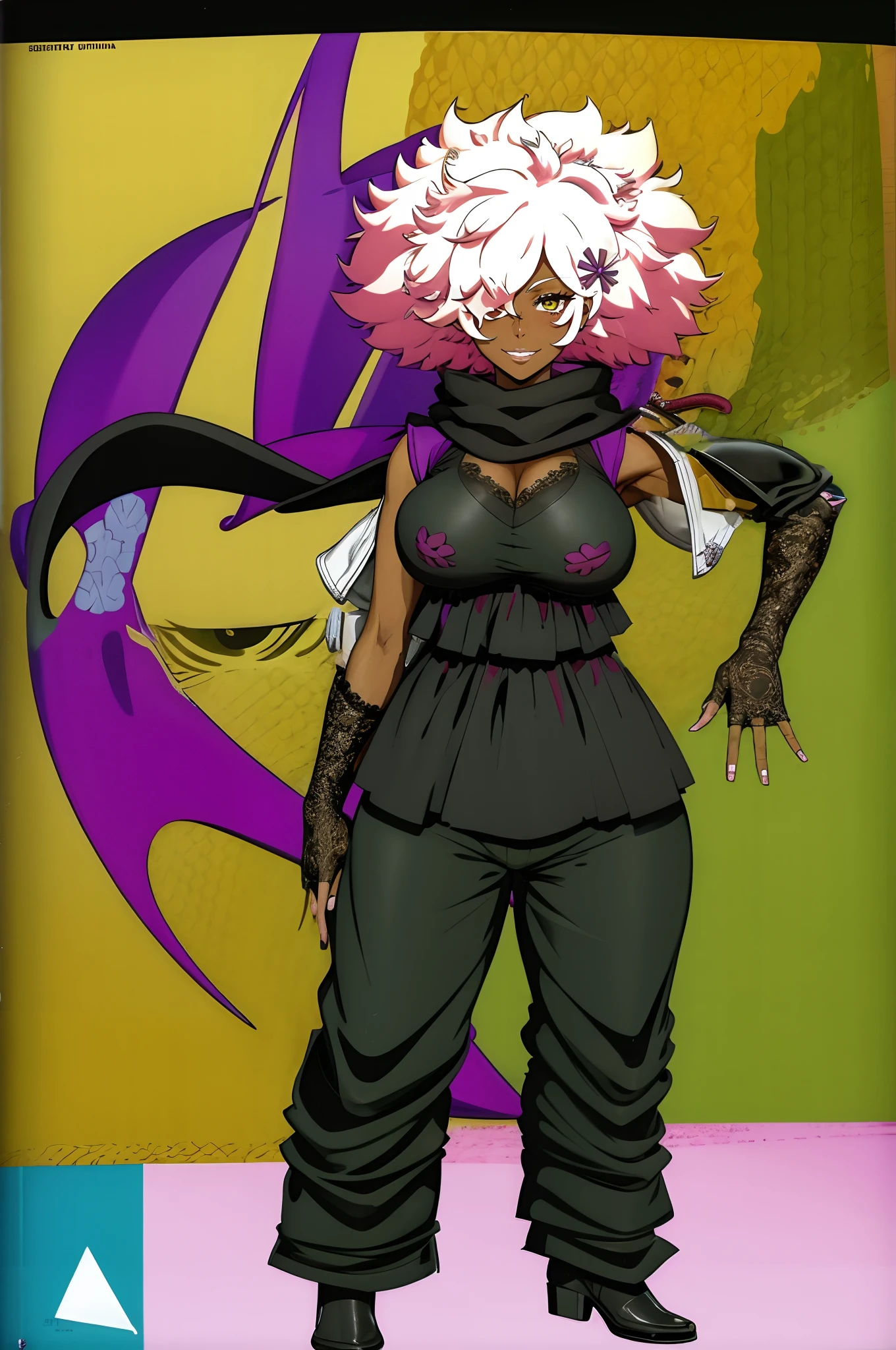 masterpiece, highres, best quality, 1girl, solo, shinobu jacobs, white hair, (big hair, messy hair, afro:1.2), hair over one eye, thick eyelashes, dark skin, looking at viewer, large breasts, black dress, NMH2, lace, fingerless gloves, scarf,bimbo, huge breast, curvy, full body, pants, cloak,, boots, pullover, robe, smile,vest, robe,pants, standing,pullover, ninja costume