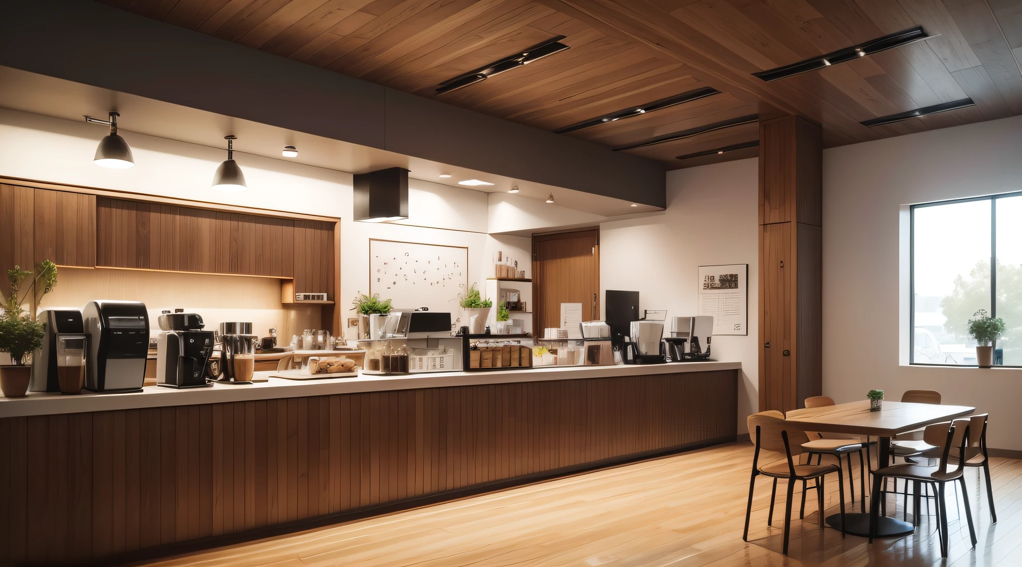 (Masterpiece, Best quality),When you walk into this simple style cafe, you will immediately feel its quiet and neat, the walls are decorated with logs or pure white, without any hanging photos or decorations, giving people a simple and open feeling, the space layout of the cafe is simple and spacious, no people, high Windows and transparent glass walls make enough natural light can spill into the room. The whole space is illuminated by the simple and comfortable wooden tables and chairs, not too much decoration to make people concentrate or relax, the whole space is filled with the pleasant aroma of coffee, making people feel calm and relaxed, there is no background music or extra sound in the coffee shop, only the subtle clicking of the coffee machine working and the sound of people talking softly. This quiet environment makes people relaxed and relaxed, and the large wall clock above the counter clearly shows the time, so that people can grasp the passage of time at any time, which gives people a sense of peace and clarity, there is no need to worry about the passage of time and affect the relaxation of coffee taste, this simple coffee shop without photos and people gives people a sense of peace, simplicity and focus. Here you can quietly enjoy the delicious coffee, put down the complicated thoughts, immersed in the peaceful atmosphere,Super detail, highly details, high qulity,A high resolution, 16k,