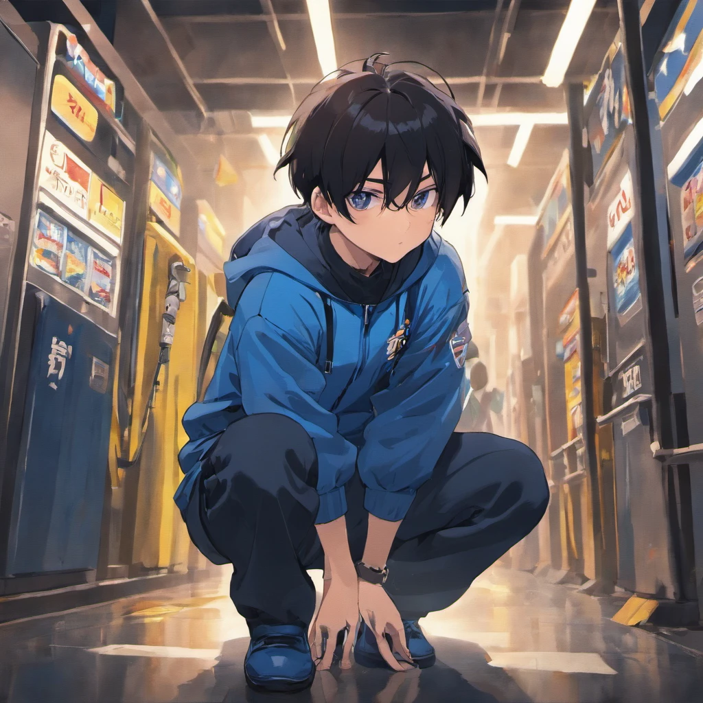 Black-haired protagonist boy、Part-time job at a gas station、Blue uniform、Squatting in the pit during tire change、Horizontal angle image