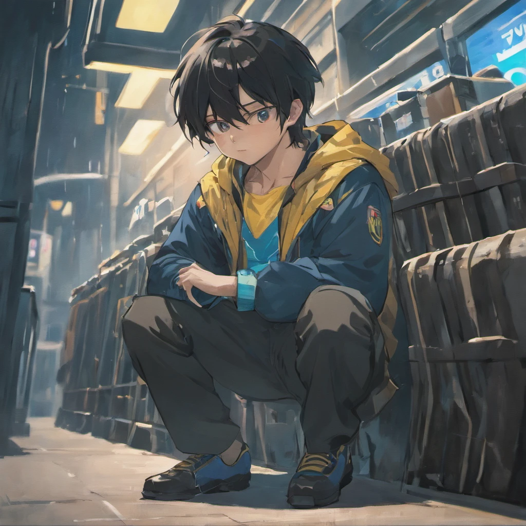 Black-haired protagonist boy、Part-time job at a gas station、Blue uniform、Squatting in the pit during tire change、Horizontal angle image
