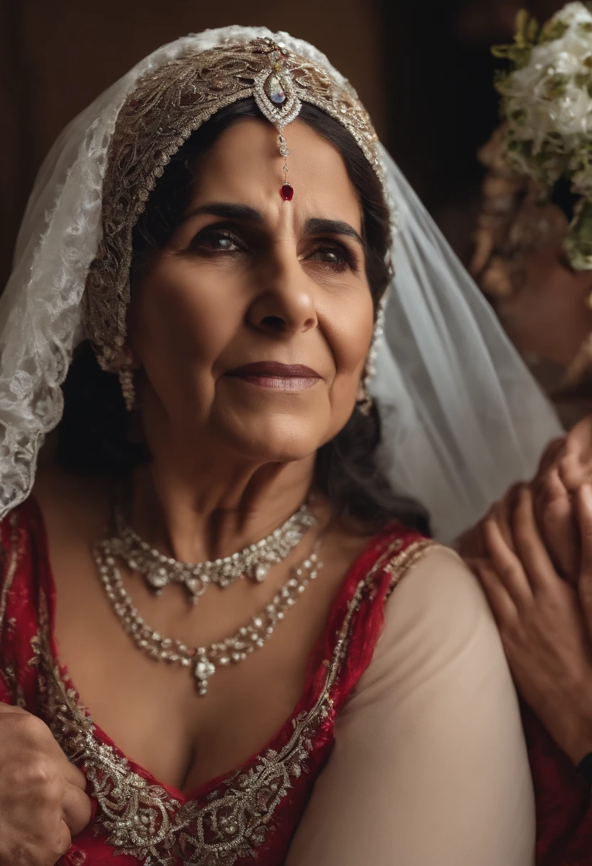 Young Arab grandmother brainwashed by her grandson in underwear, wearing bondage and bride costume and incest with her grandson while calling her husband