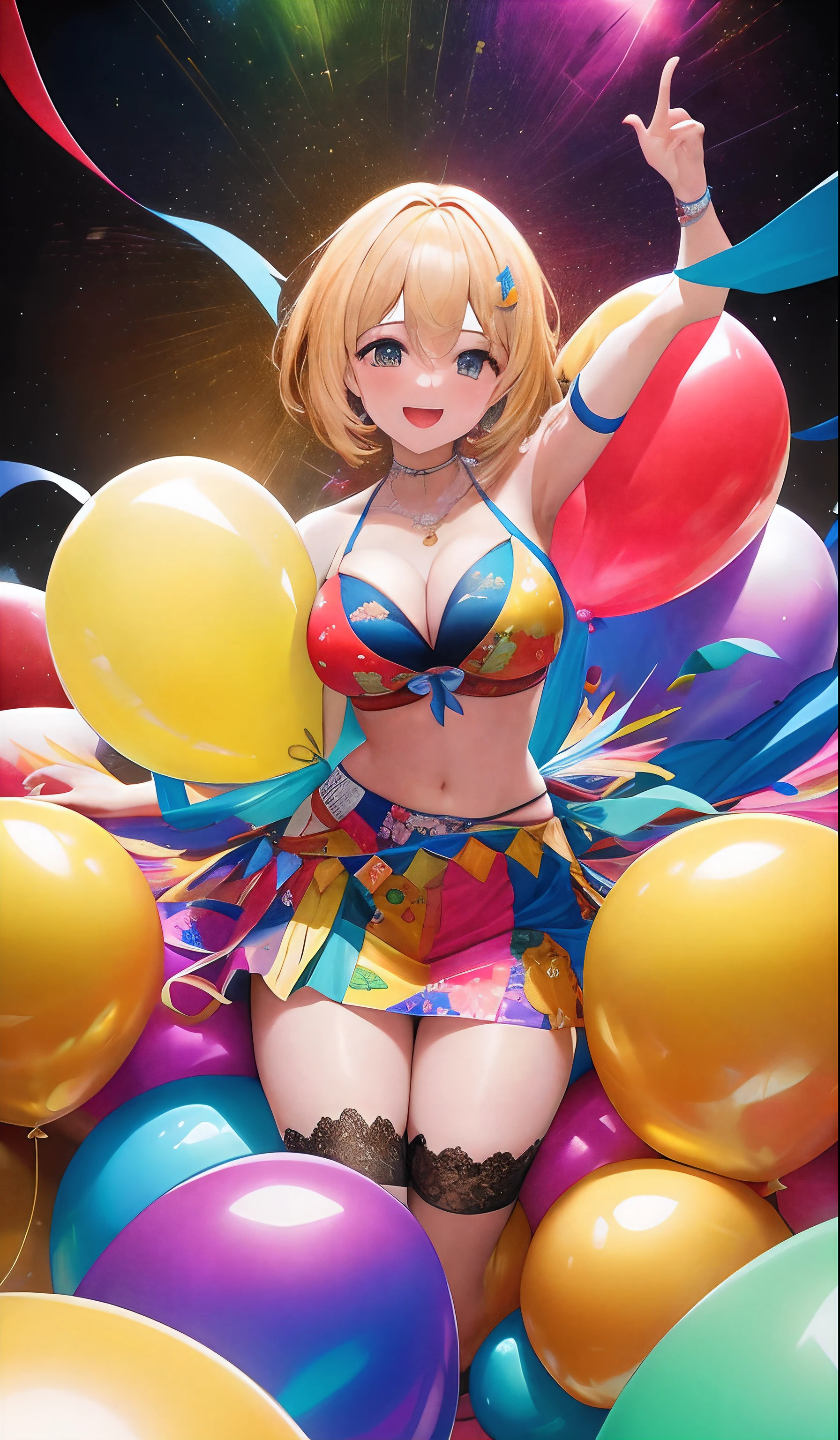 (higher resolution, imagen_distinta) La mejor calidad, la obra maestra de una mujer, muy detallados, semi realista (la mayor parte del cuerpo), feliz, celebrando, fiesta, globos,