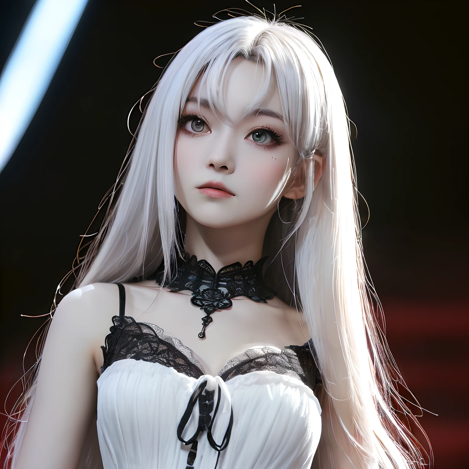 lighting like a movie, ((best quality)),((Single_Human_girl)),((((The upper part of the body_Body)))),((extremely_Detailed_Eyes_And_Face)),((chies)),((Frustrating)),((Illustration)),depth of fields,((frown)),((expression)),((Red_Eyes)),((((white_hair)))),((Extremely detailed)),((watercolor paiting)),((anime face)),(skull_SUI_Dress),(((yokozuwari))),((Detailed_skeletal_chies)),(((Beautiful_Detailed_Black_Gothic_empire_waist_Dress))),(((Dramatic_Angle))),Medium_Breast,(8K_Wallpaper),((Bright_Eyes)), (up looking_で_Viewers),((Close_To_Viewers)),((masutepiece)),(((((Messy_long_hair))))),((((1girl in)))),lens_f lare,light_lea