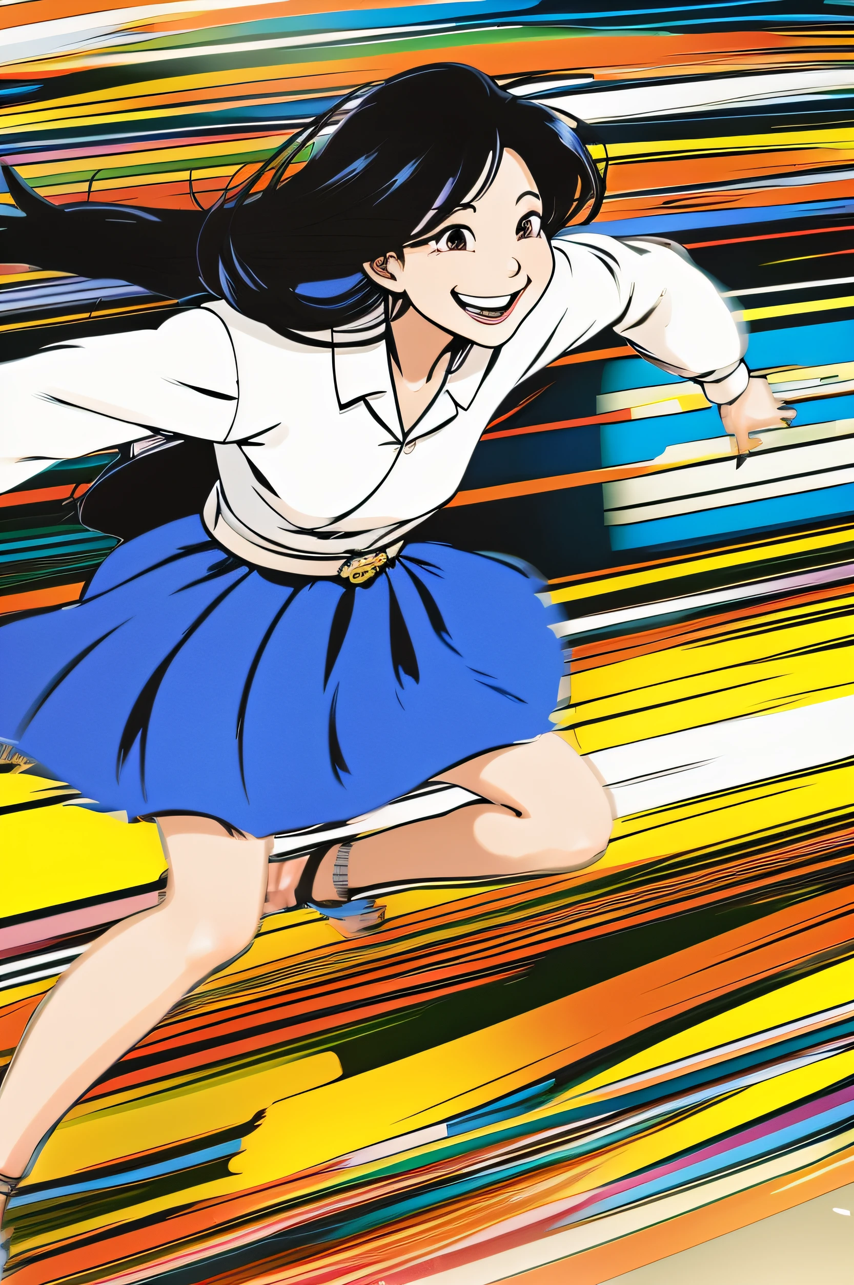 Cartoonish style。Illustrator。60 years old, Japan female。Semi-long hair。Dash from right to left at lightning speed。Cartoonish style。amusing。The best smile。blissful。