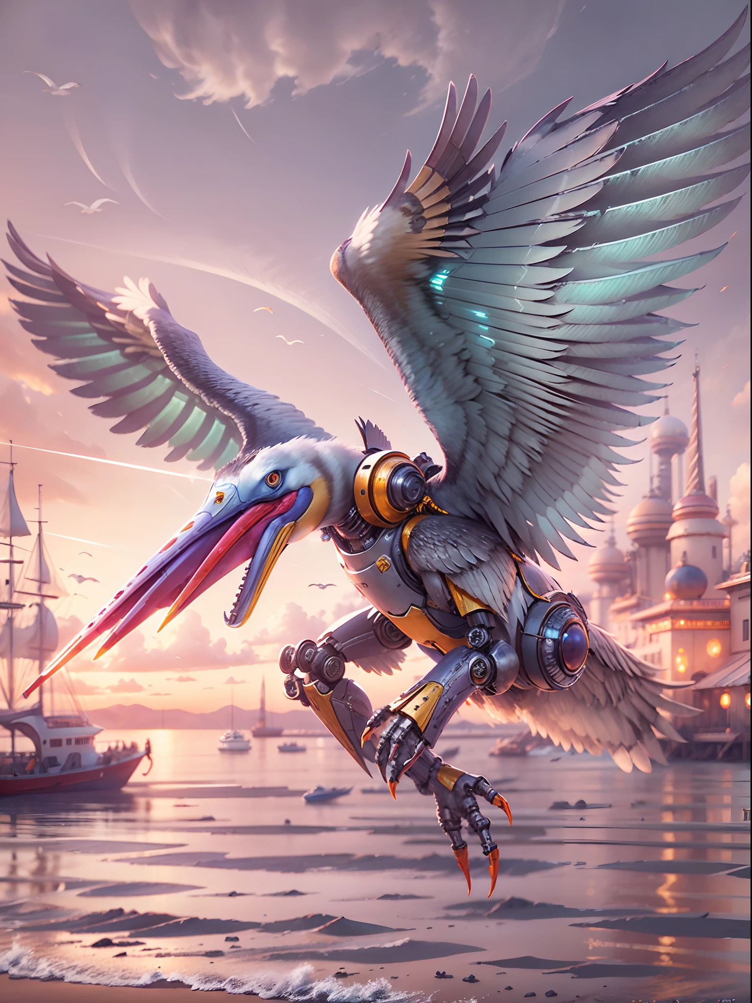 (Flying robot Pelican), (2 wings)Background: Seaside,Colorful smoky purple,{{Masterpiece}},{{{Best quality}}},{{Ultra-detailed}}, mechanical structure,Photography,author:Alberto Vargas,rendering by octane,high resolution,hyper qualit,High detail,8K surrealism,Medium Shot Shot,