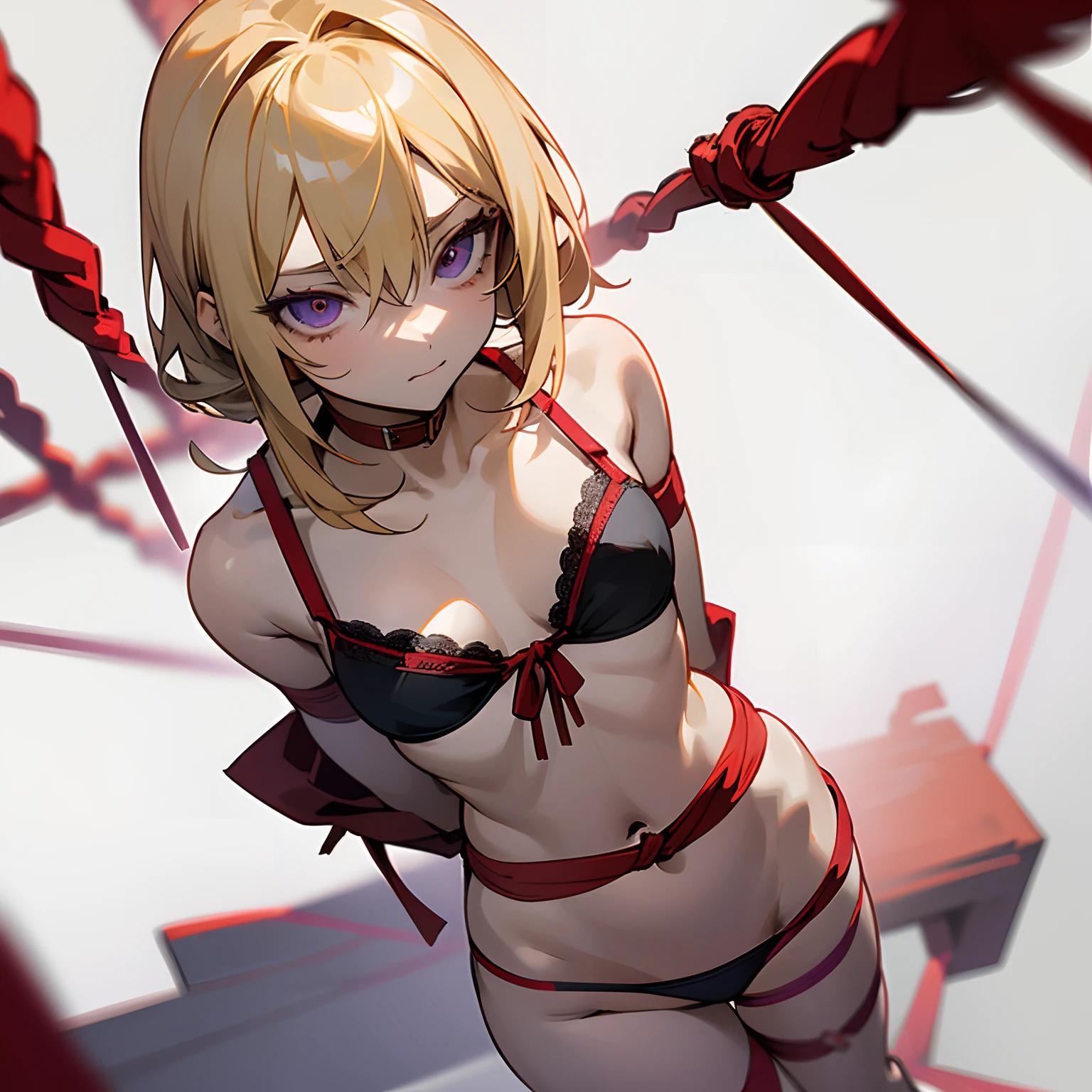 Anime, alone, Short, 19 years, blonde, girl, shoulder length hair, standing straight, aroused expression, left eye blue, right eye green, dark purple bra and panties, hands behind back, red rope tied around arms, red rope tied around body, legs together, red rope tied around legs, duct tape gag, white background