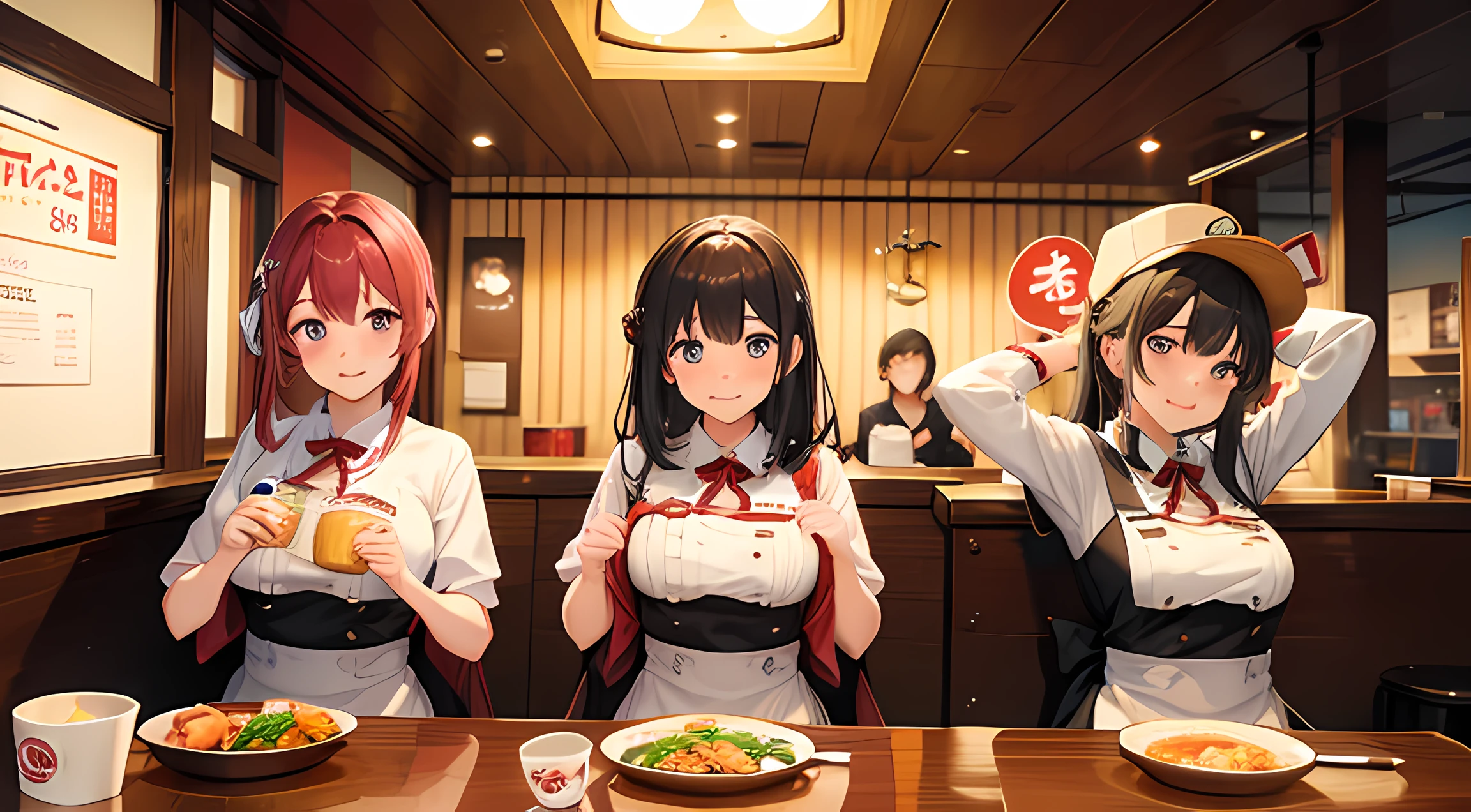 Izakaya, Indoors, alcohol, beer, Big beer mug, Beer bottles, wine bottle, Chair, dish, Delicious food, paper lanterns, Counter Table, banquet, Menu on the wall, (Multiple girls:1.8), (6+Girls:1.8), (Random hair)