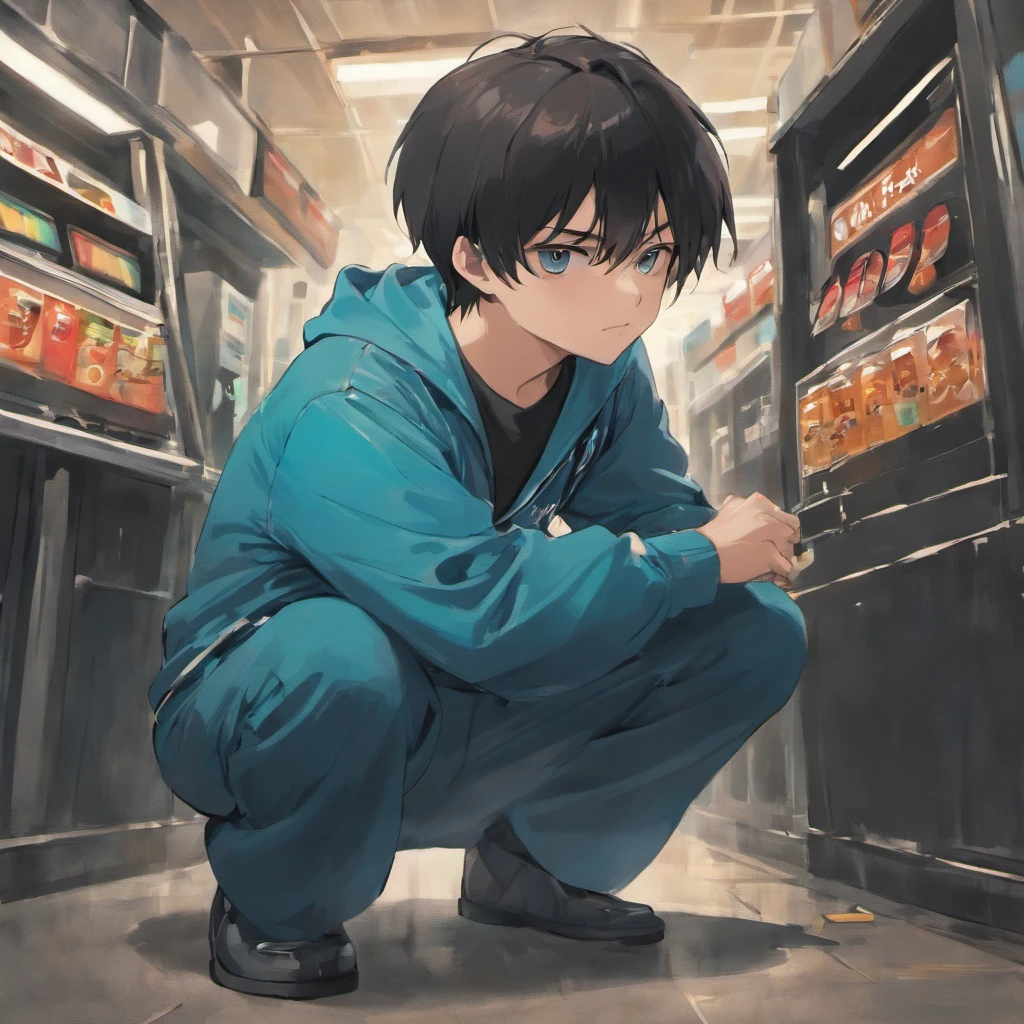 Handsome boy with black hair、Part-time job at a gas station、Blue uniform、Squatting in the pit during tire change、Horizontal angle image