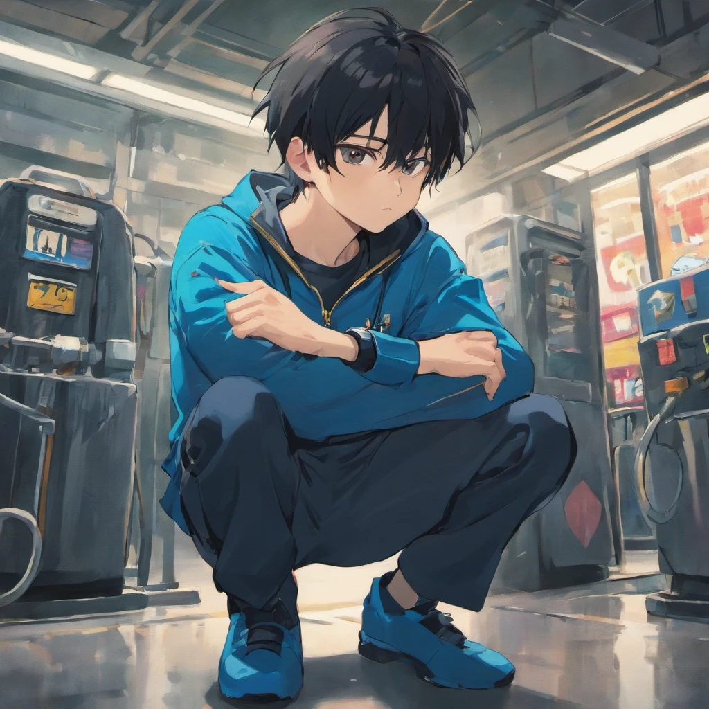 Handsome boy with black hair、Part-time job at a gas station、Blue uniform、Squatting in the pit during tire change、Horizontal angle image