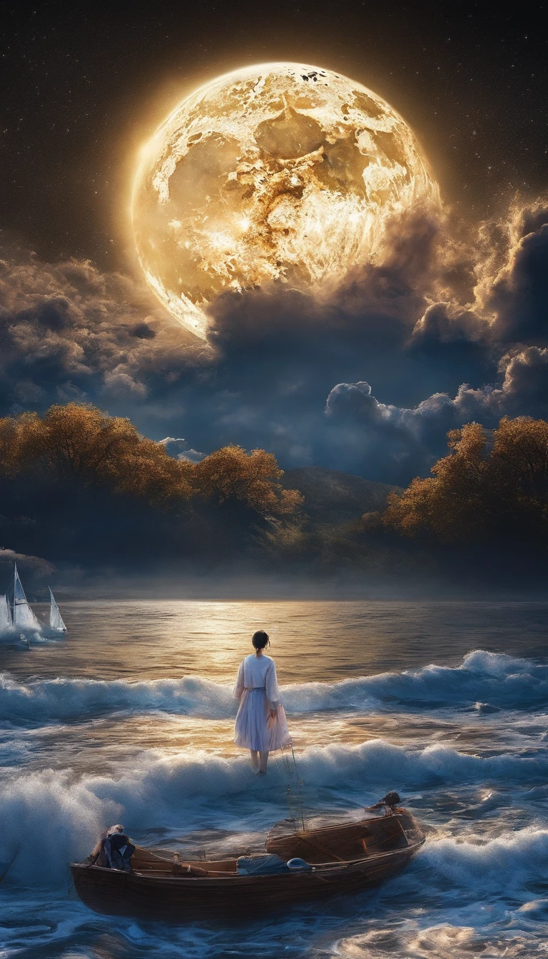 Mid-autumn night view,Not a single person,Beautiful views,The moon is reflected on the waves,Heaven and earth are pure,Autumn colors are clear,Everything was beautiful,The starry sky hides its brilliance,Give way to moonshine,Golden wind and water dew reflect dazzling light,It's that the human world has changed a lot,The moon is still permanent