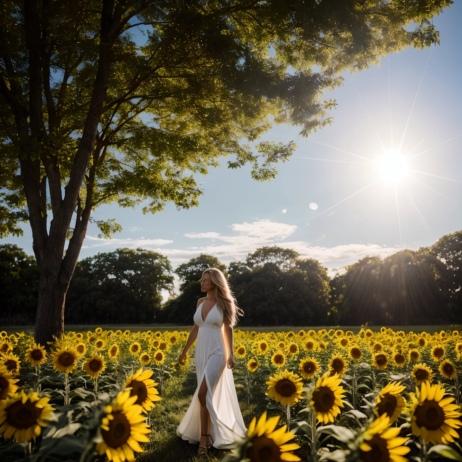 RAW photo, a 20-year-old Brazilian woman, blonde balayage, long hair, wearing white dress, long dress, she is runing in between sunflowers, sunny day, medium size breast, hour glass shaped body,, (soft backlight), realistic, masterpiece, highest quality, lens flare, [[chromatic aberration]],best shadow, photorealism, hyperrealism, one girl, full body shot