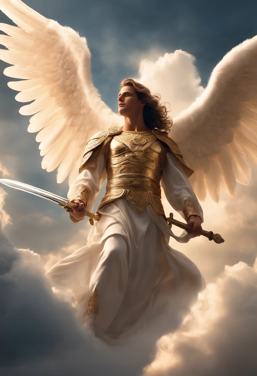Hyper realistic angel Gabriel holds his sword while floating in the sky surrounded by clouds, an enchanting light illuminates him, cinematic image