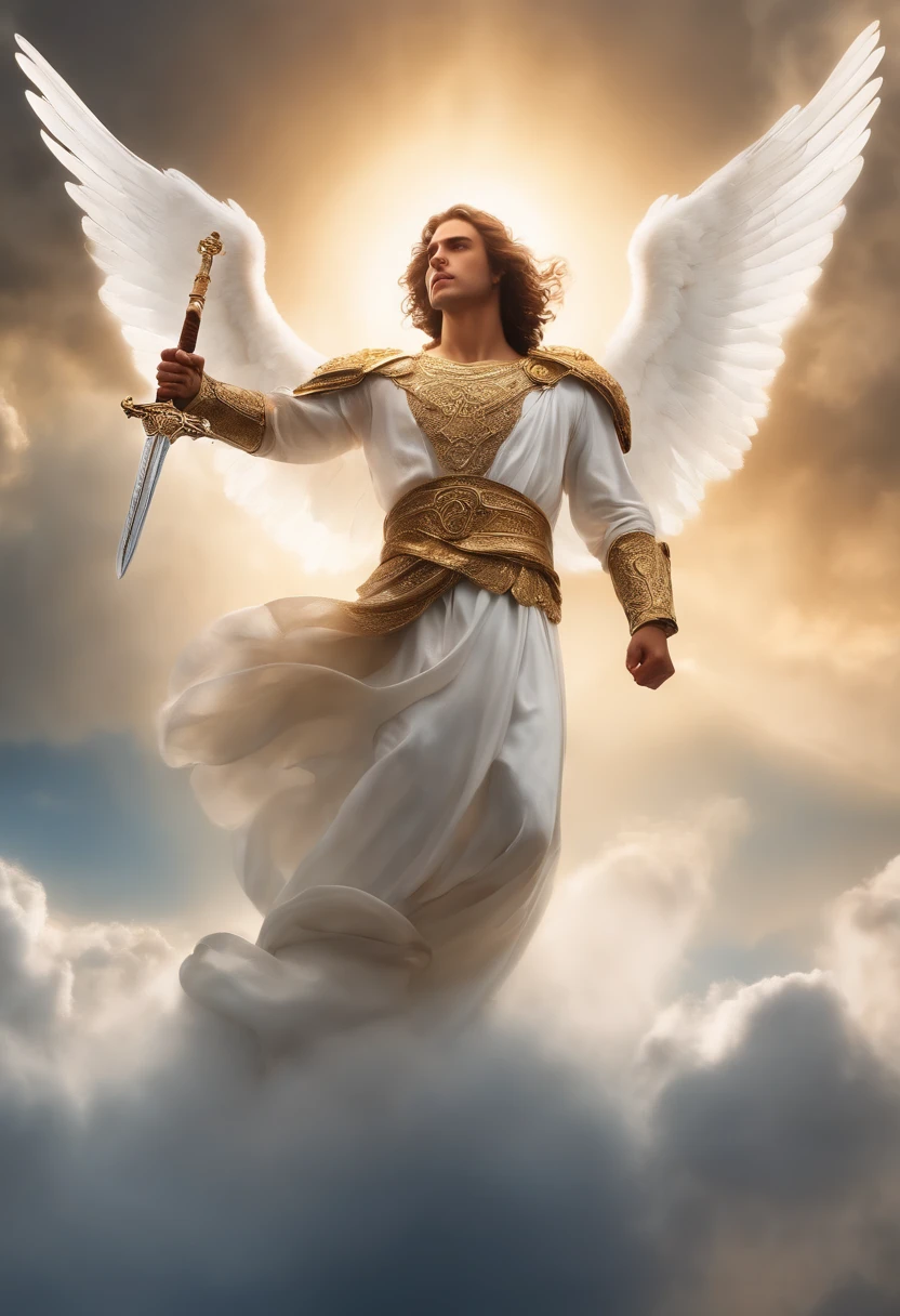 Hyper realistic angel Gabriel holds his sword while floating in the sky surrounded by clouds, an enchanting light illuminates him, cinematic image