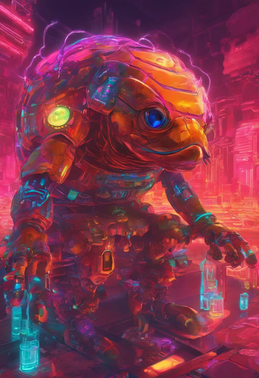 anthropomorphic turtle,Transparent mechanical koi,cyber punk perssonage,Dreamy glow,luminous neon lights,(globalillumination,Ray traching,HDR,Unrealistic rendering,Rational design,high detal,tmasterpiece,best qualtiy,hyper HD,cinmatic lighting),mecha musume