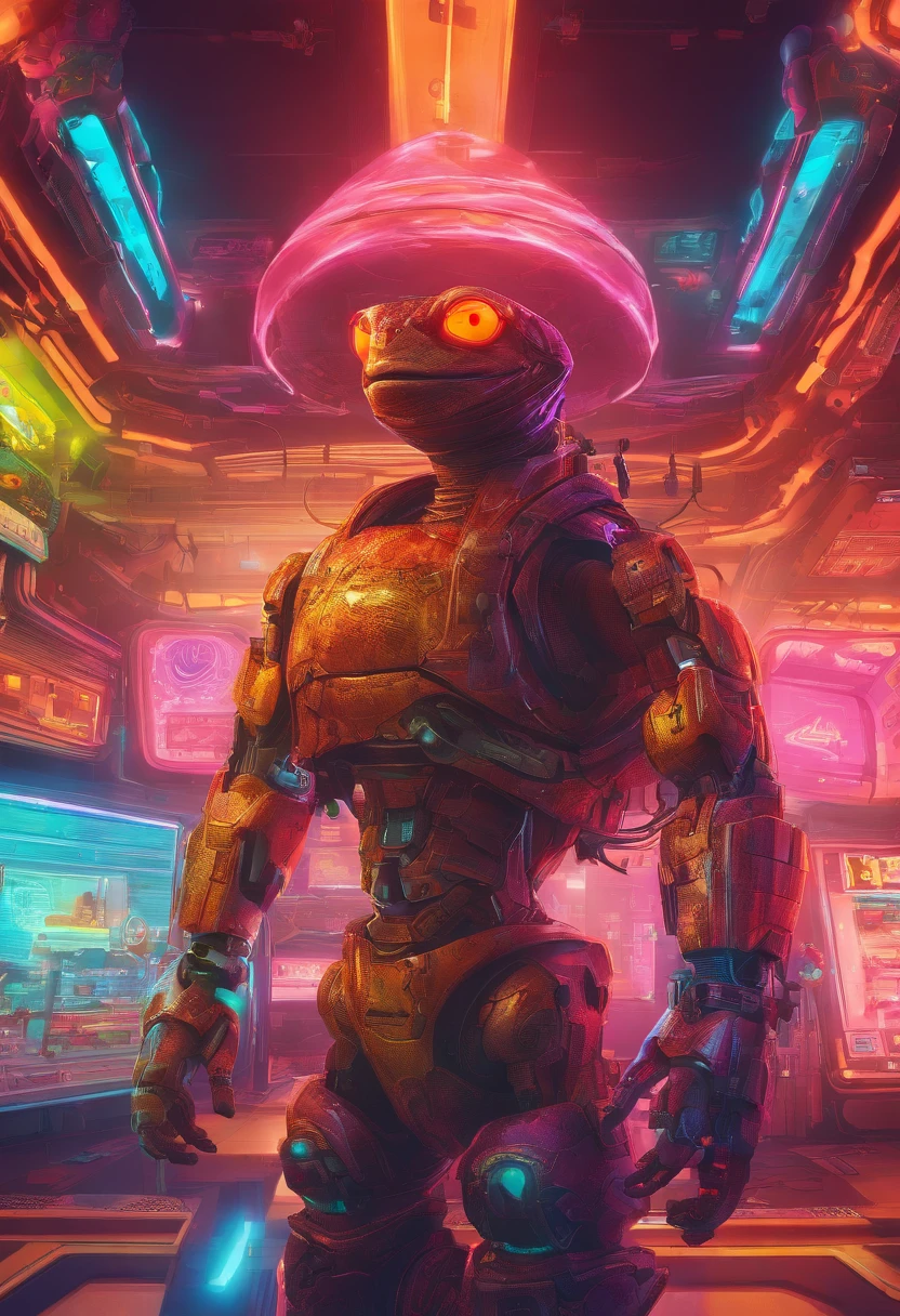 anthropomorphic turtle，Transparent mechanical koi，cyber punk perssonage，Dreamy glow，luminous neon lights，（globalillumination，Ray traching，HDR，Unrealistic rendering，Rational design，high detal，tmasterpiece，best qualtiy，hyper HD，cinmatic lighting），mecha musume