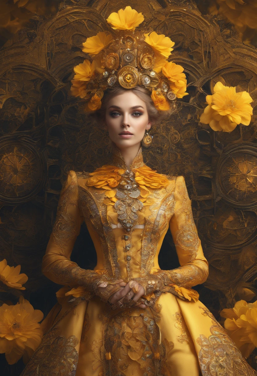 absurderes, A high resolution, Ultra detailed, (1girll:1.3), Fantasy steampunk costumes , Psychedelic, fractal patterns, geometric figure, Dynamic, Bright colors, (Flowers, petals), (Gold and yellow:1),